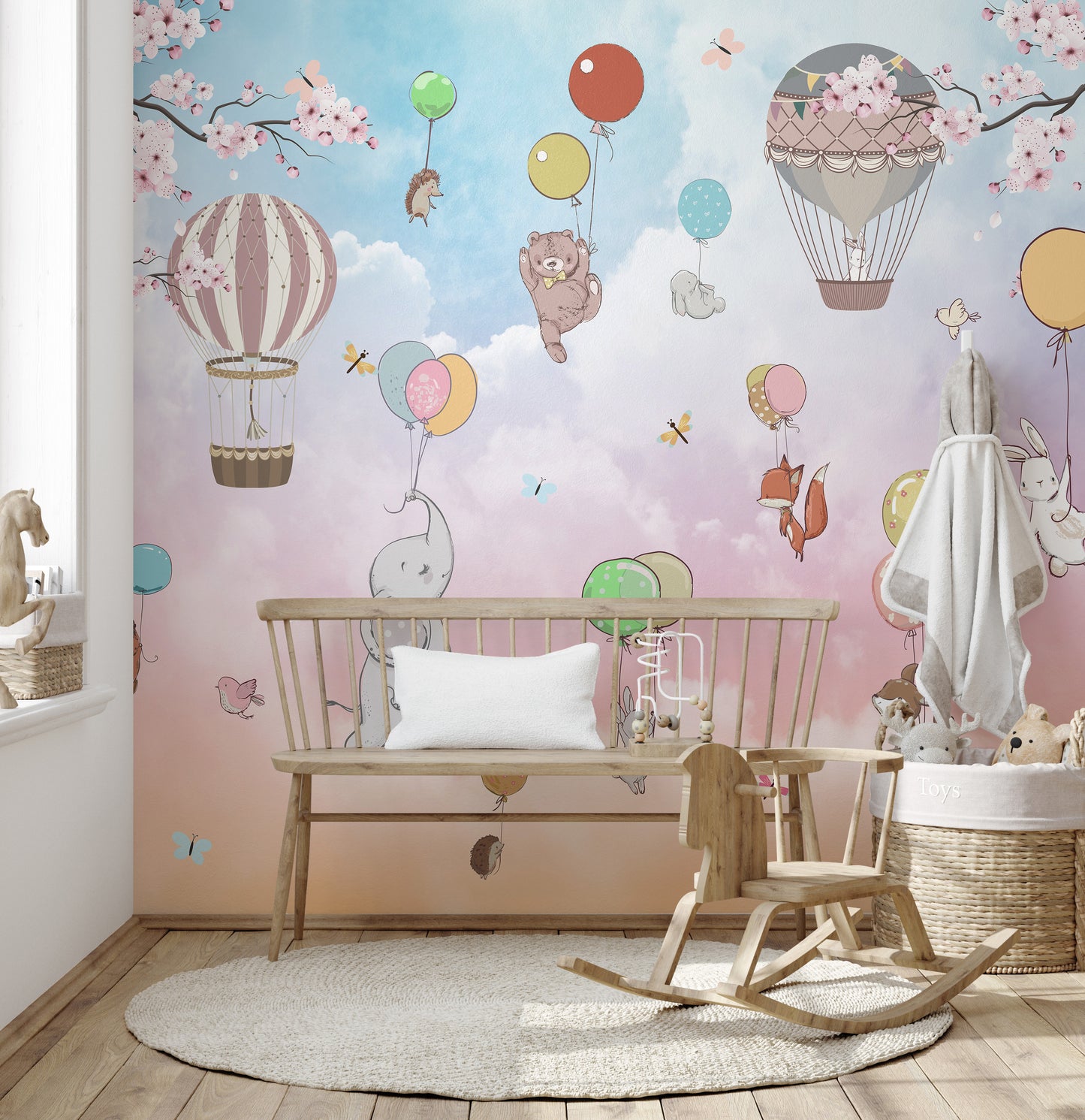 Animals in hot air balloons wall mural design

