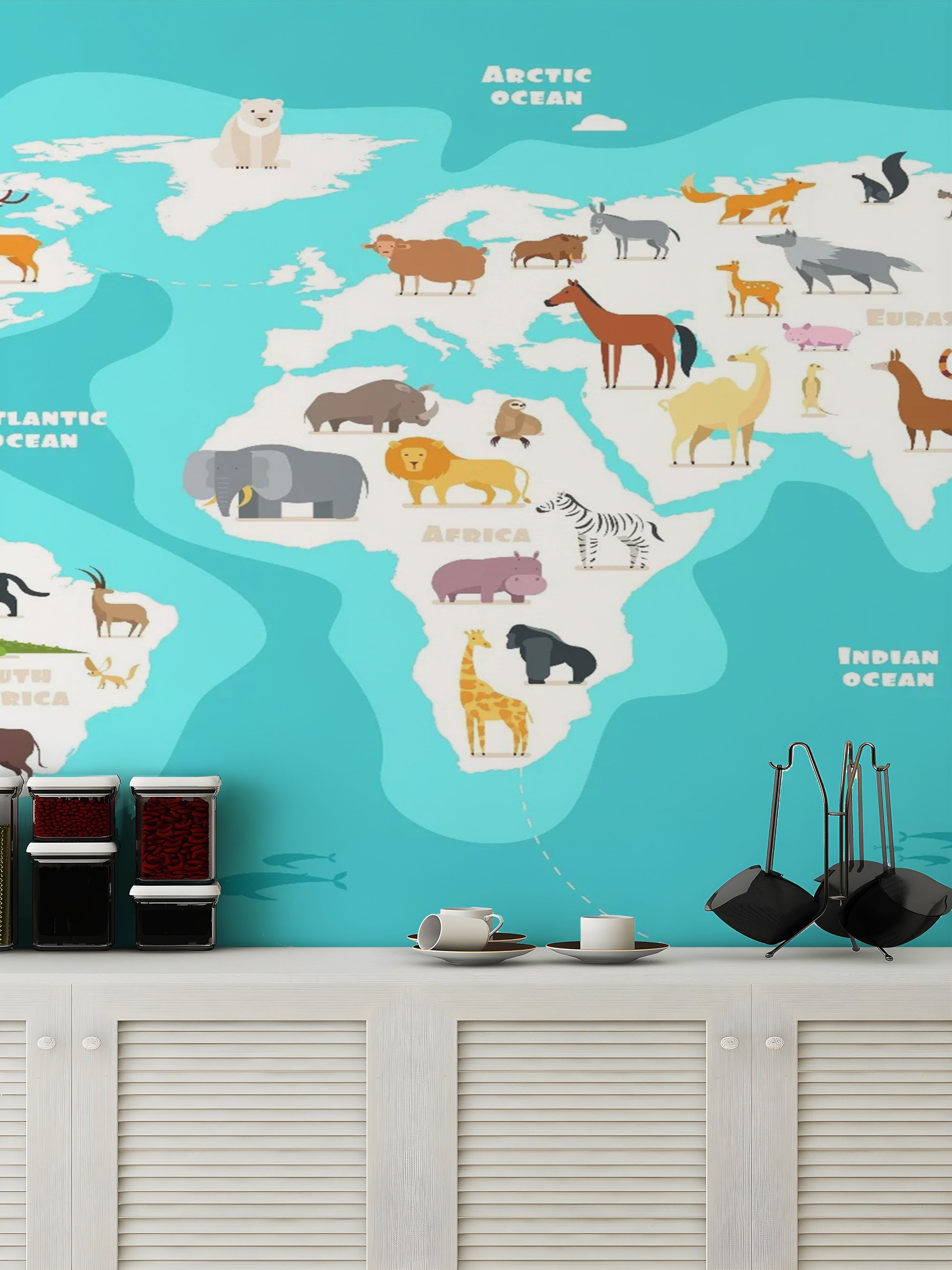 Wildlife Animals on Global Map Wall Mural
