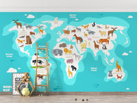 Animals of the World Map Wallpaper Design
