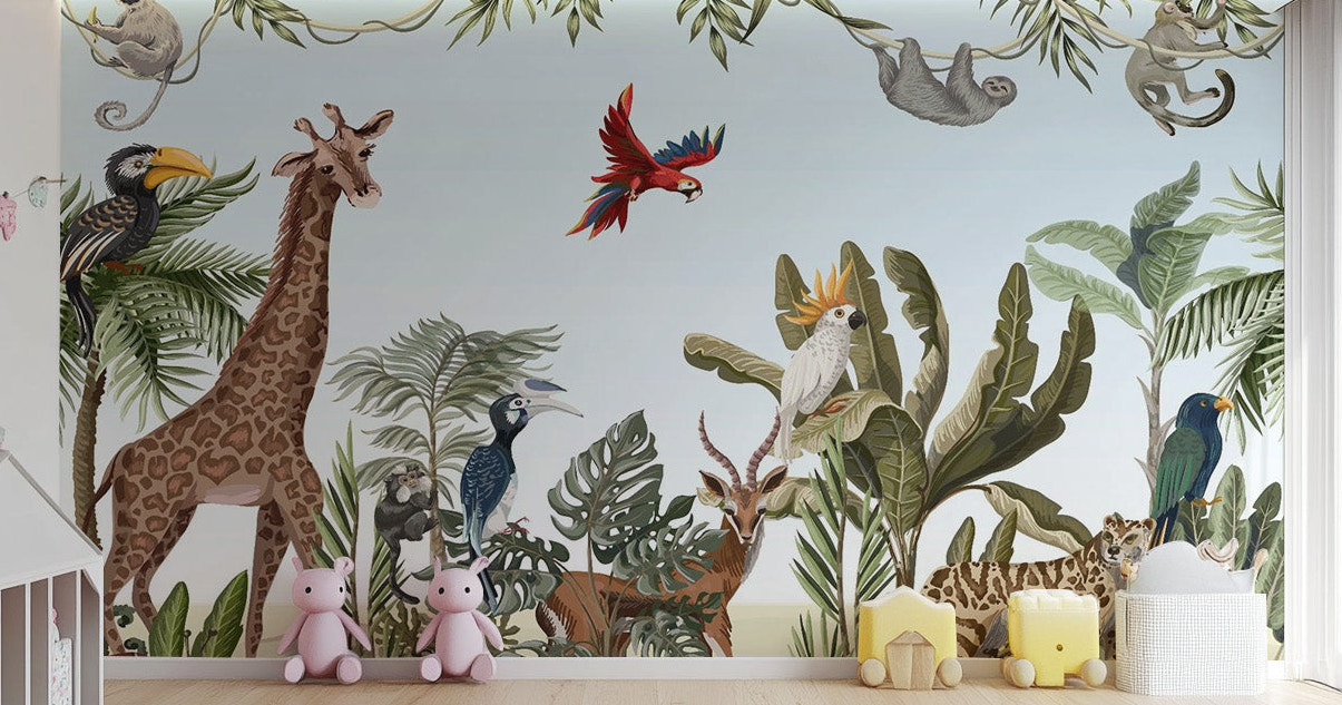 Whimsical jungle wallpaper featuring safari animals for kids.