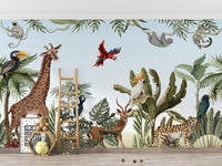 Jungle safari mural for kids with colorful animal illustrations.