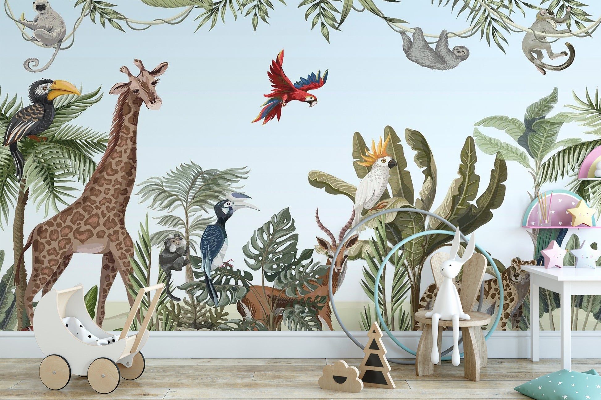 Kids' safari wallpaper mural with lush jungle plants and animals.