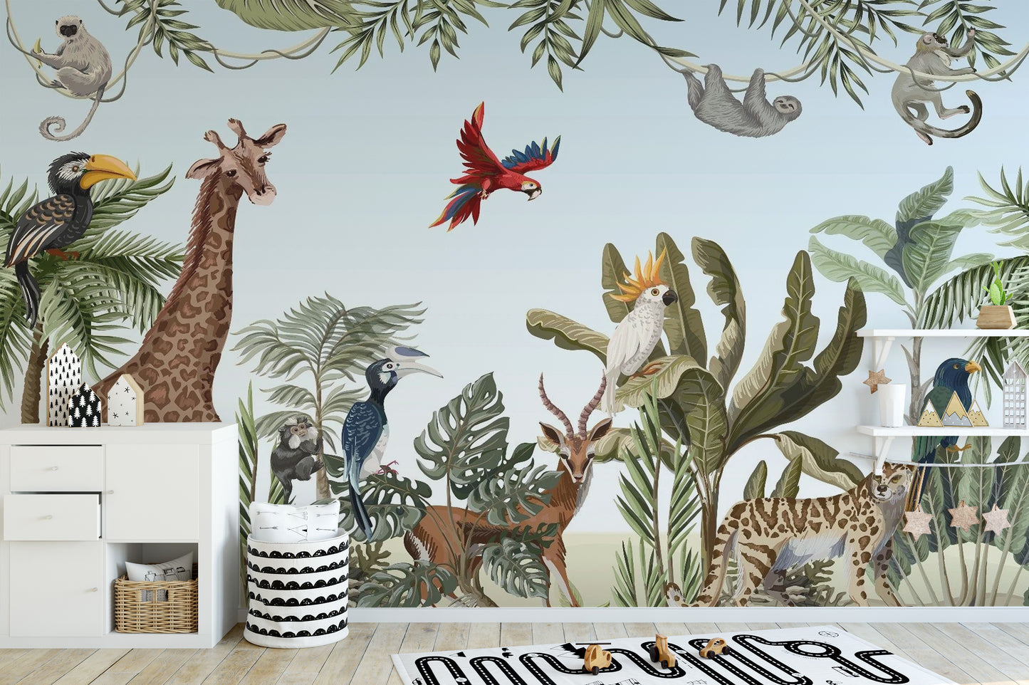 Vibrant jungle safari wallpaper featuring animals for kids' rooms.