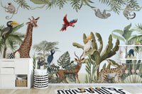 Vibrant jungle safari wallpaper featuring animals for kids' rooms.