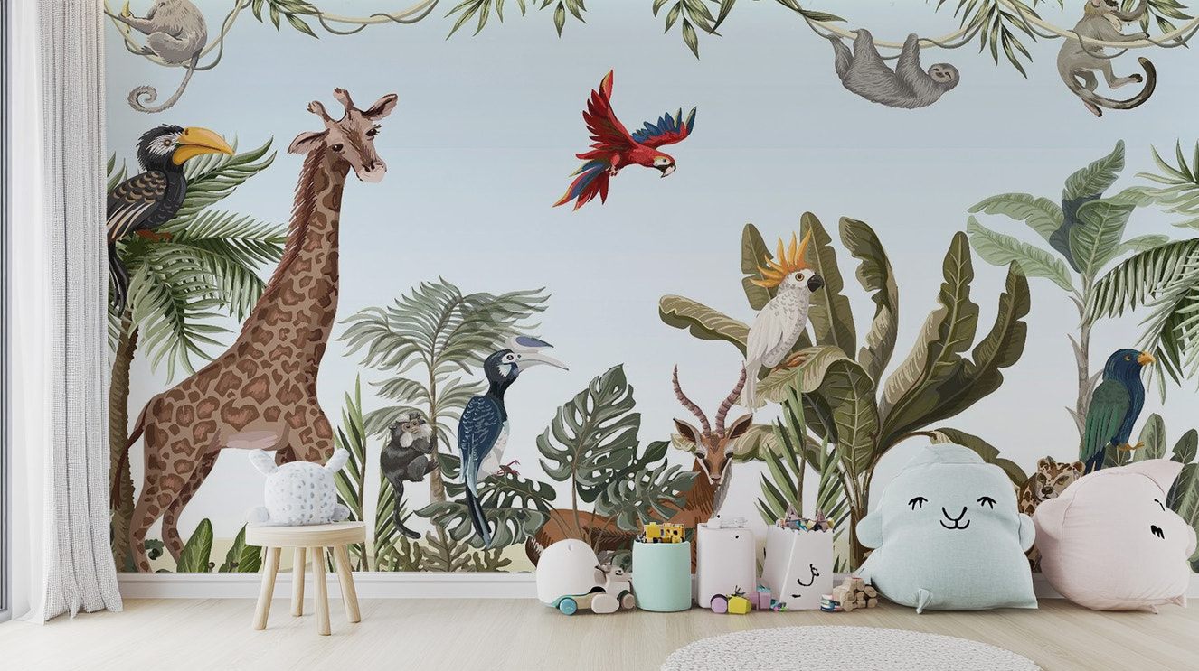 Playful kids' jungle safari wallpaper mural with exotic animals.
