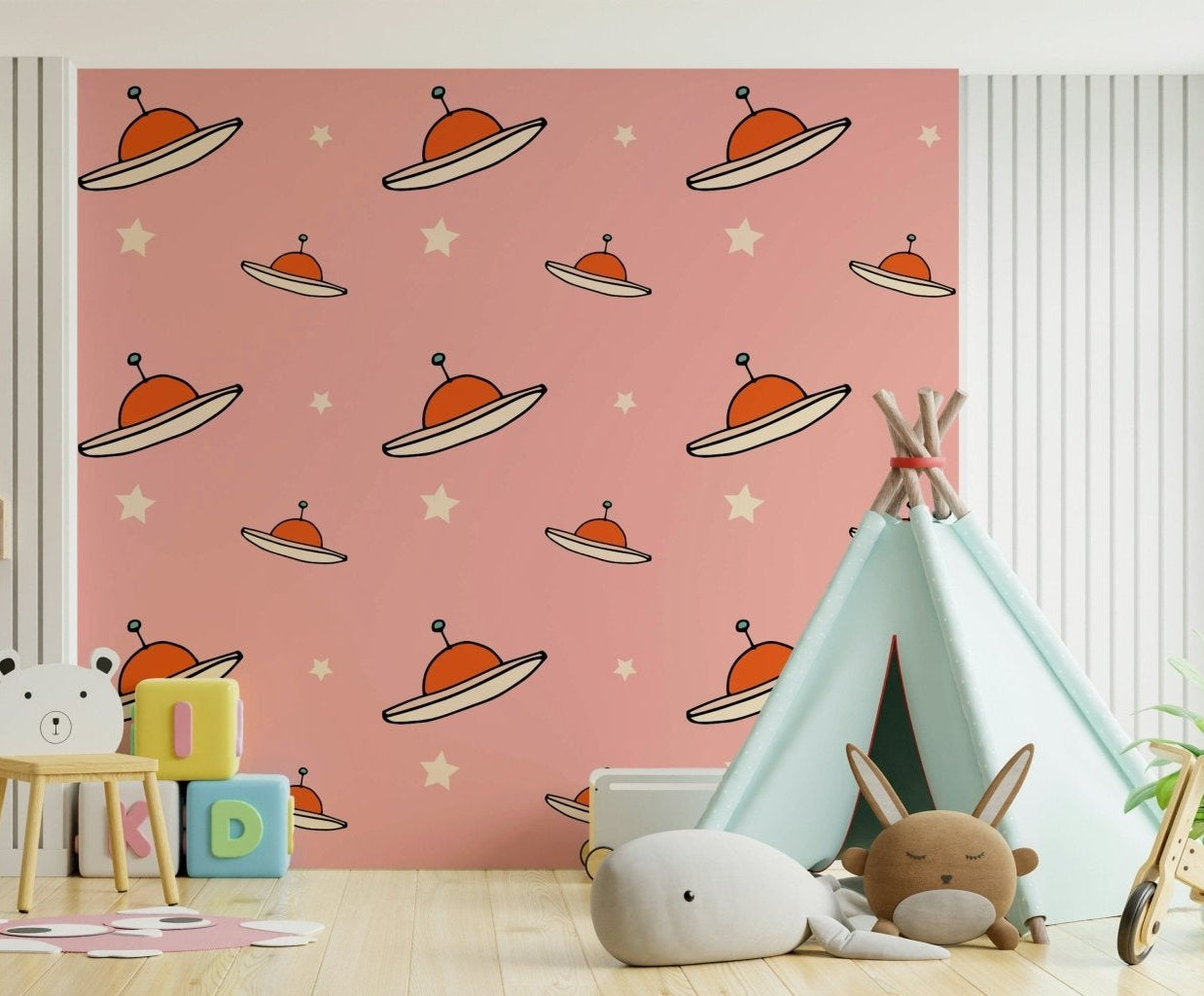 Accent Kids Minimal Vintage UFO Pink wallpaper, great playful accent wall.