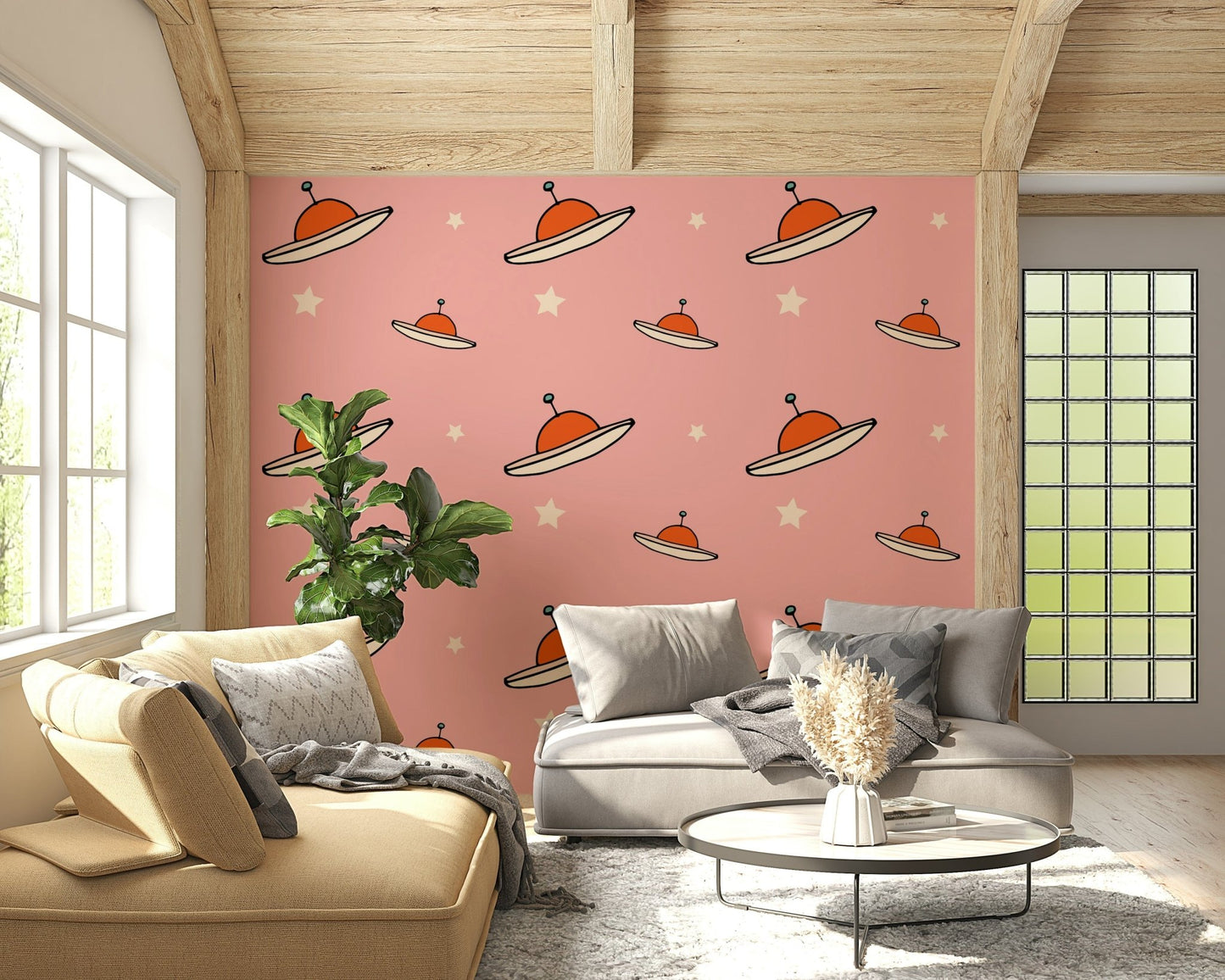 Kids Minimal Vintage UFO Pink wallcovering, blush background baby room decor.