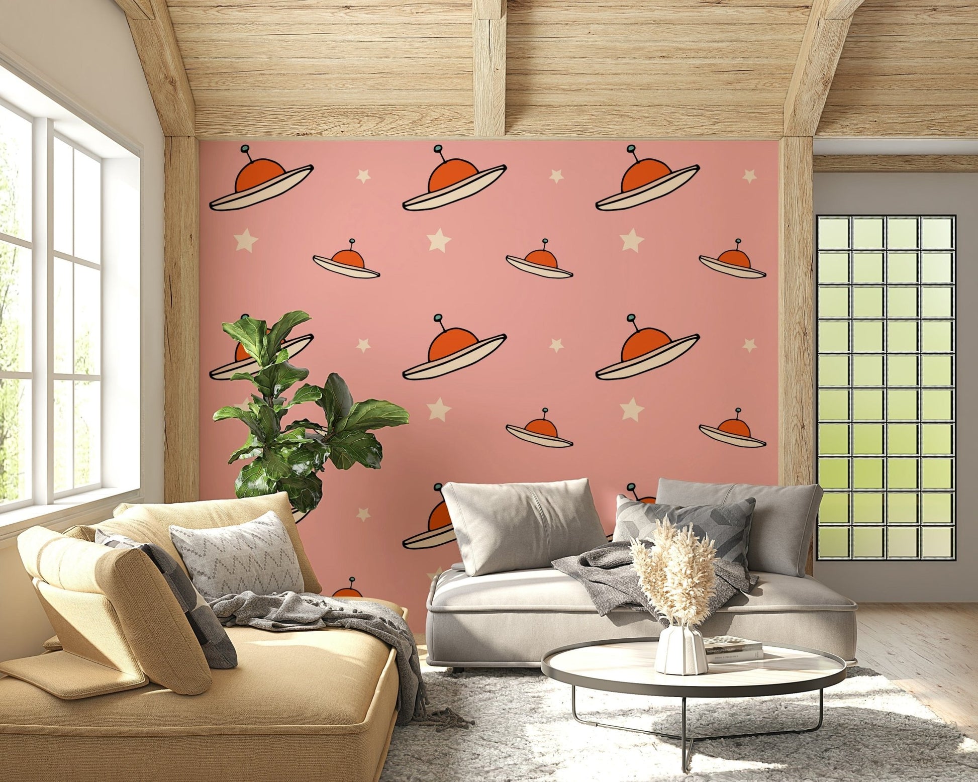 Kids Minimal Vintage UFO Pink wallcovering, blush background baby room decor.