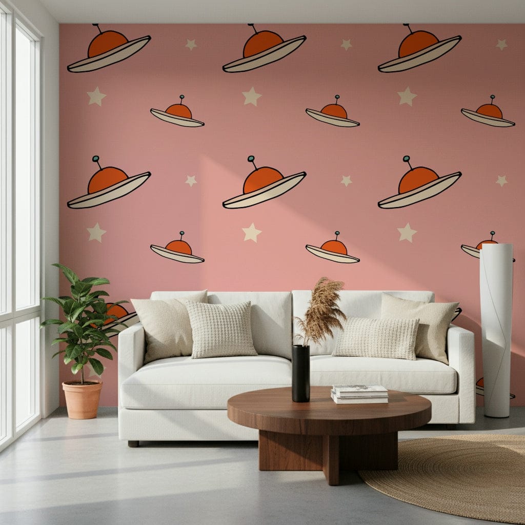Kids Minimal Vintage UFO Pink wall decoration, modern minimal aesthetic print.