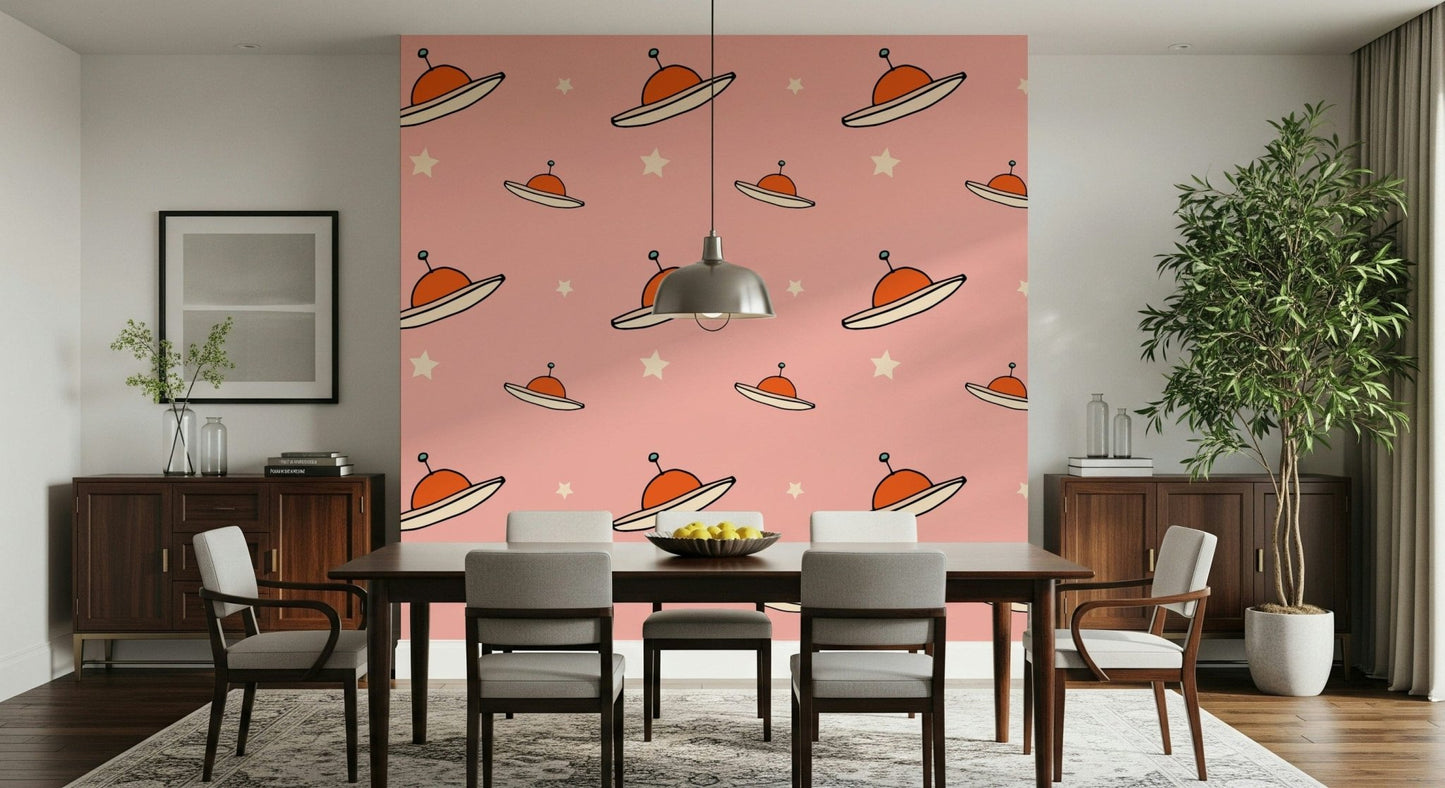 Space-themed Kids Minimal Vintage UFO Pink mural for walls, adorable design.
