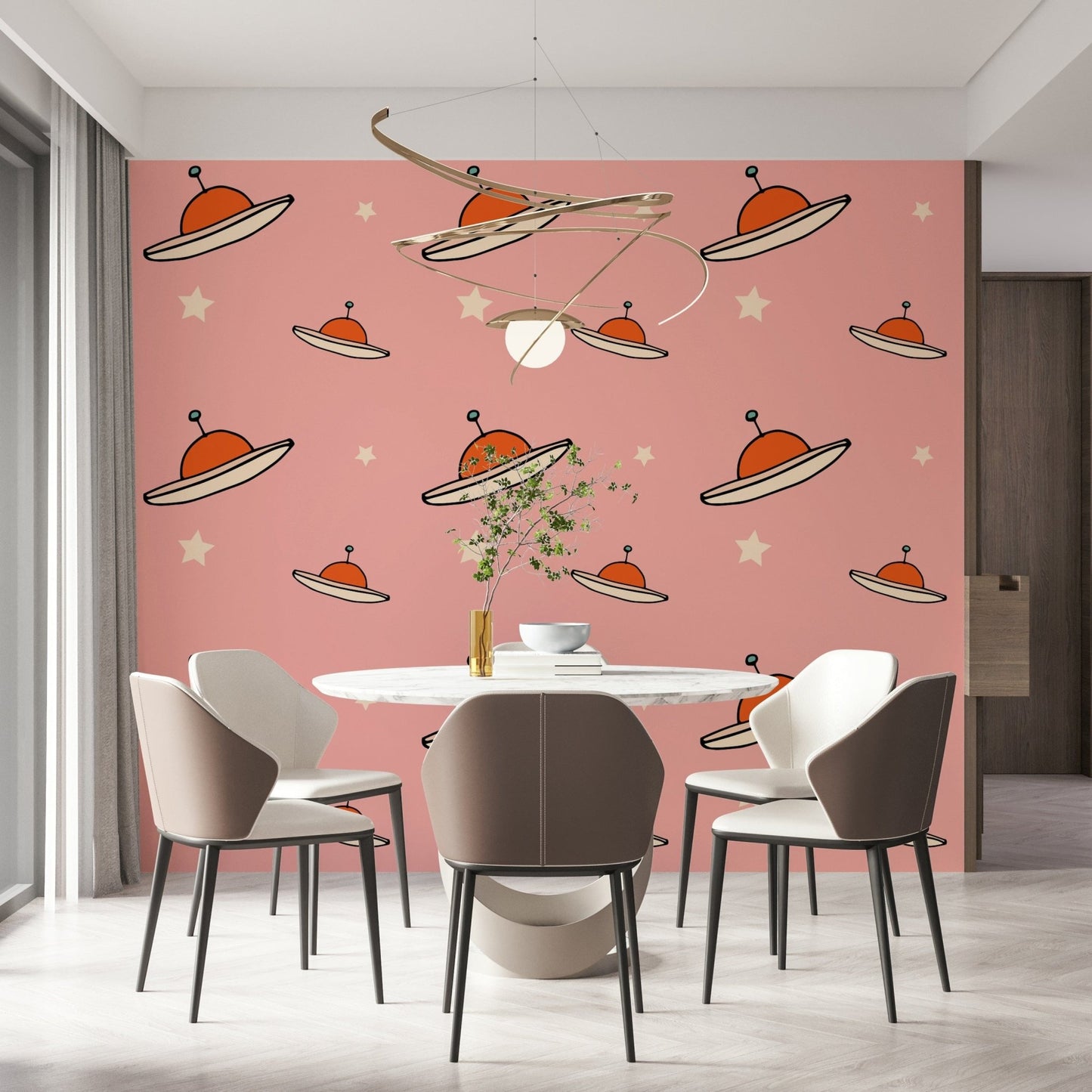 Playful Kids Minimal Vintage UFO Pink wall mural, perfect for young adventurers.