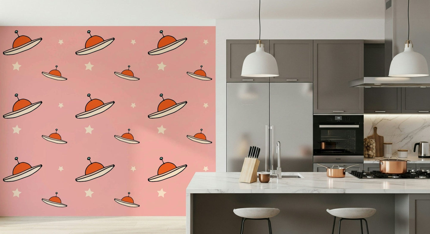 Nursery Kids Minimal Vintage UFO Pink product, charming retro alien spaceships.
