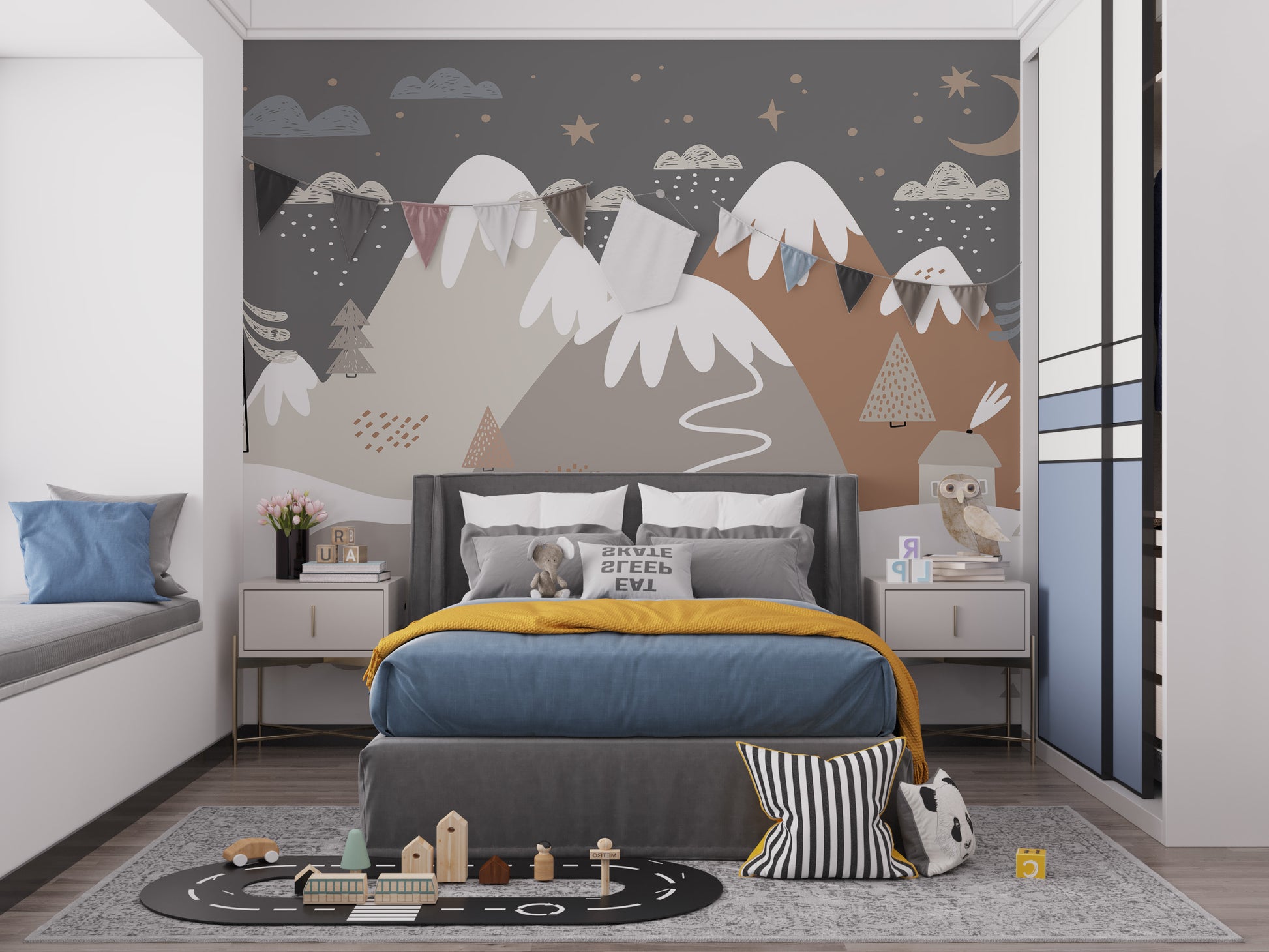 Playful bear mural with snowy landscape
