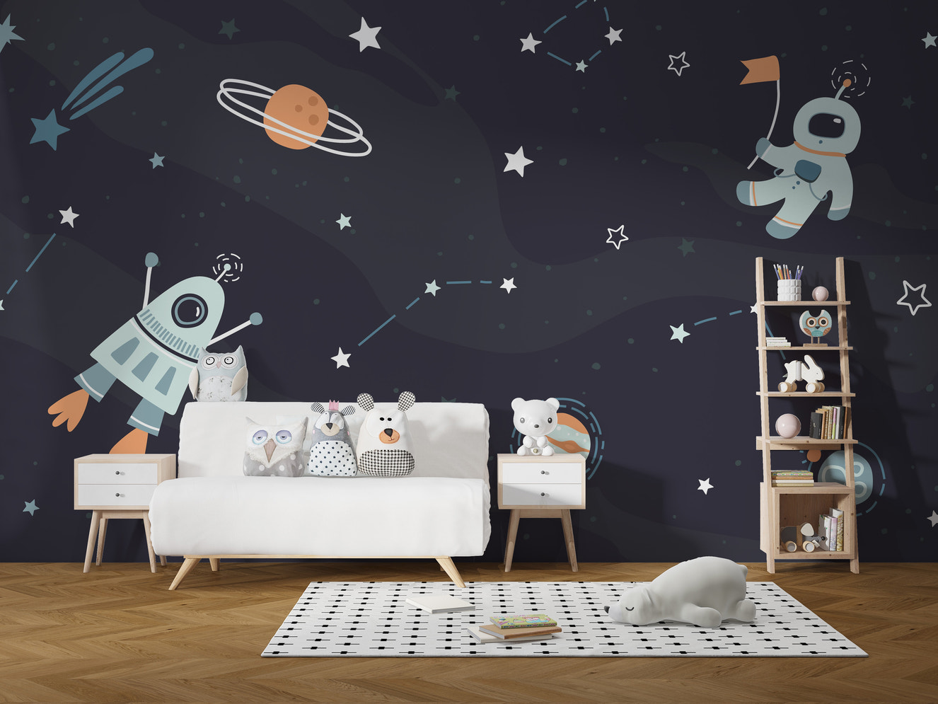 Astronaut-themed kids' wallpaper mural