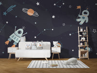 Astronaut-themed kids' wallpaper mural