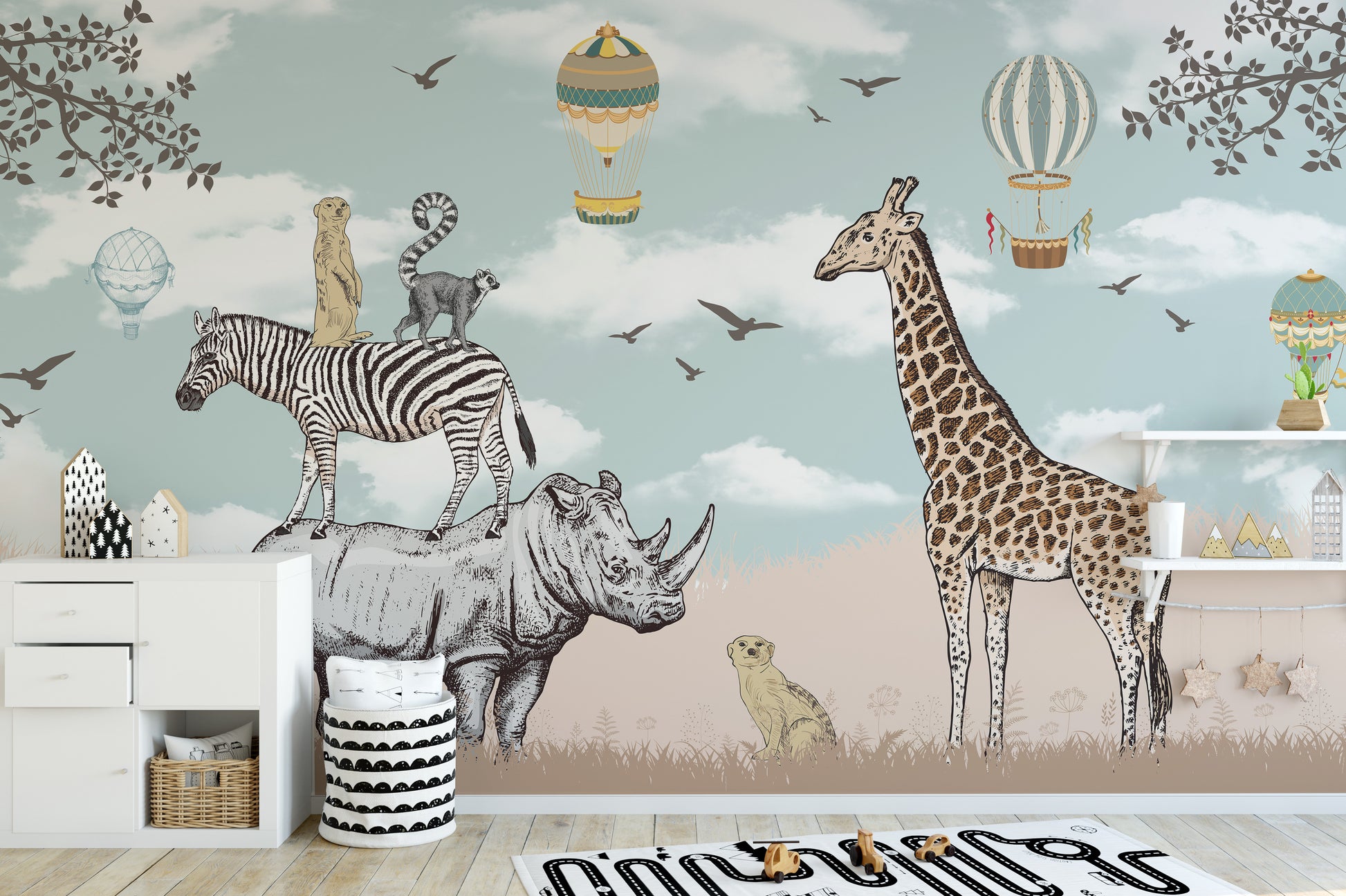Playful savannah animal mural for children
