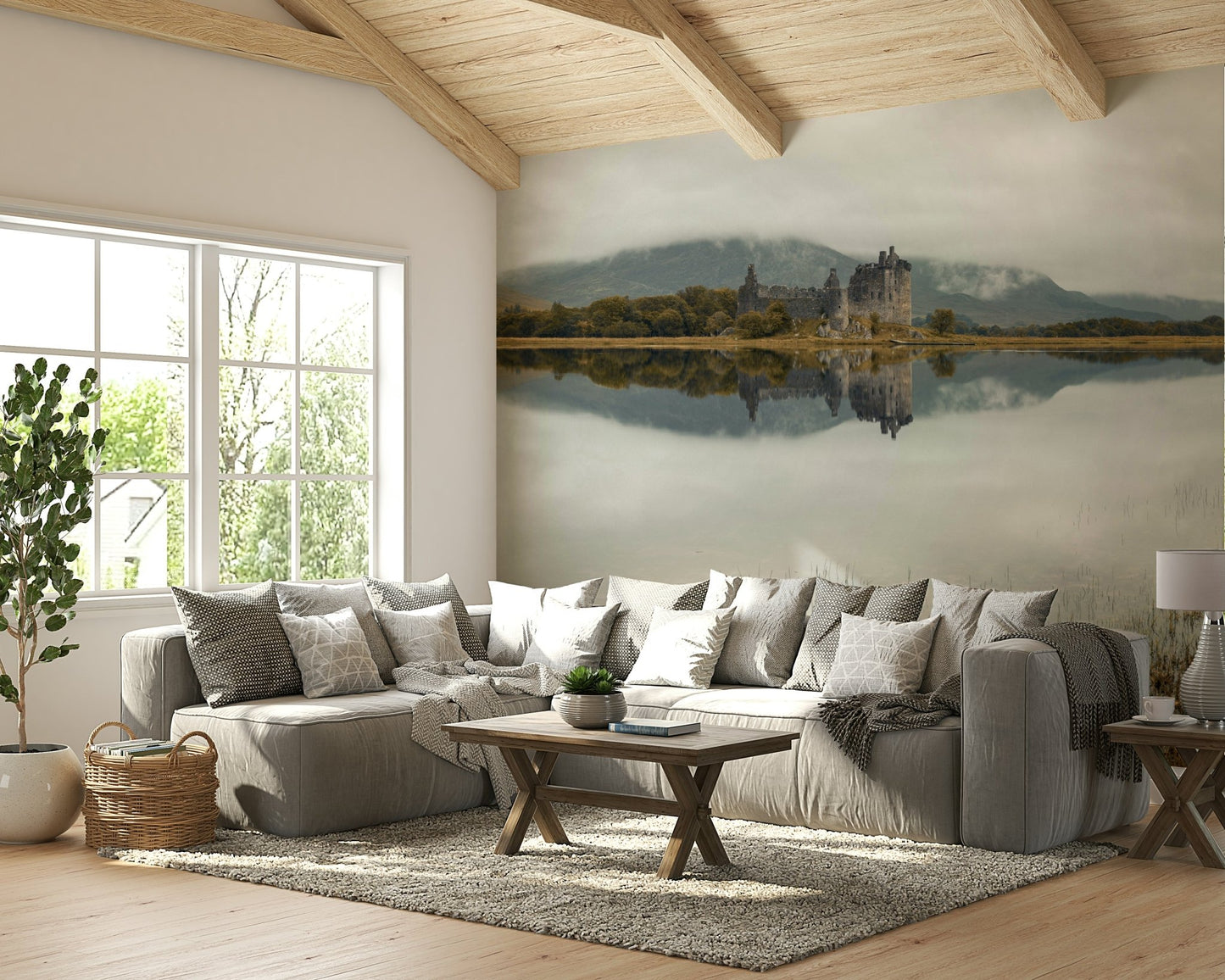 Historic Kilchurn Castle wall mural with peaceful reflections

