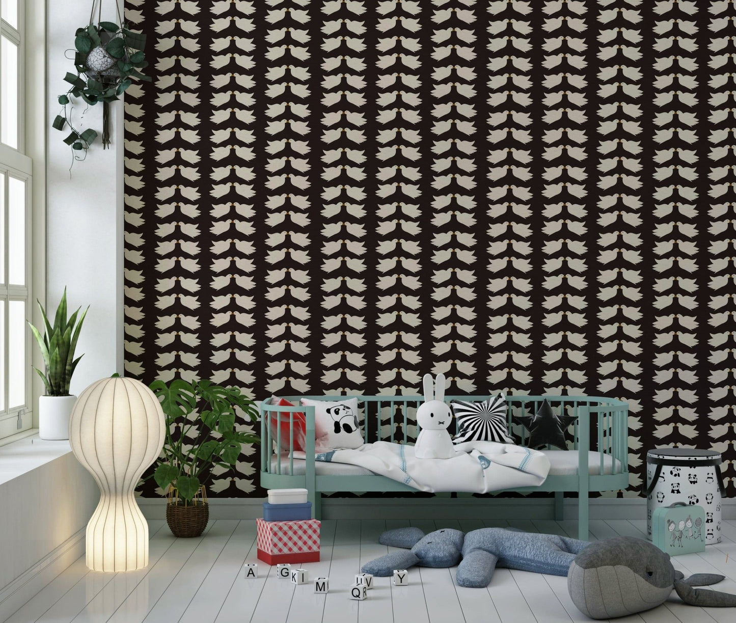 Adorable Kissing Doves wallpaper pattern, cream birds on dark backdrop.