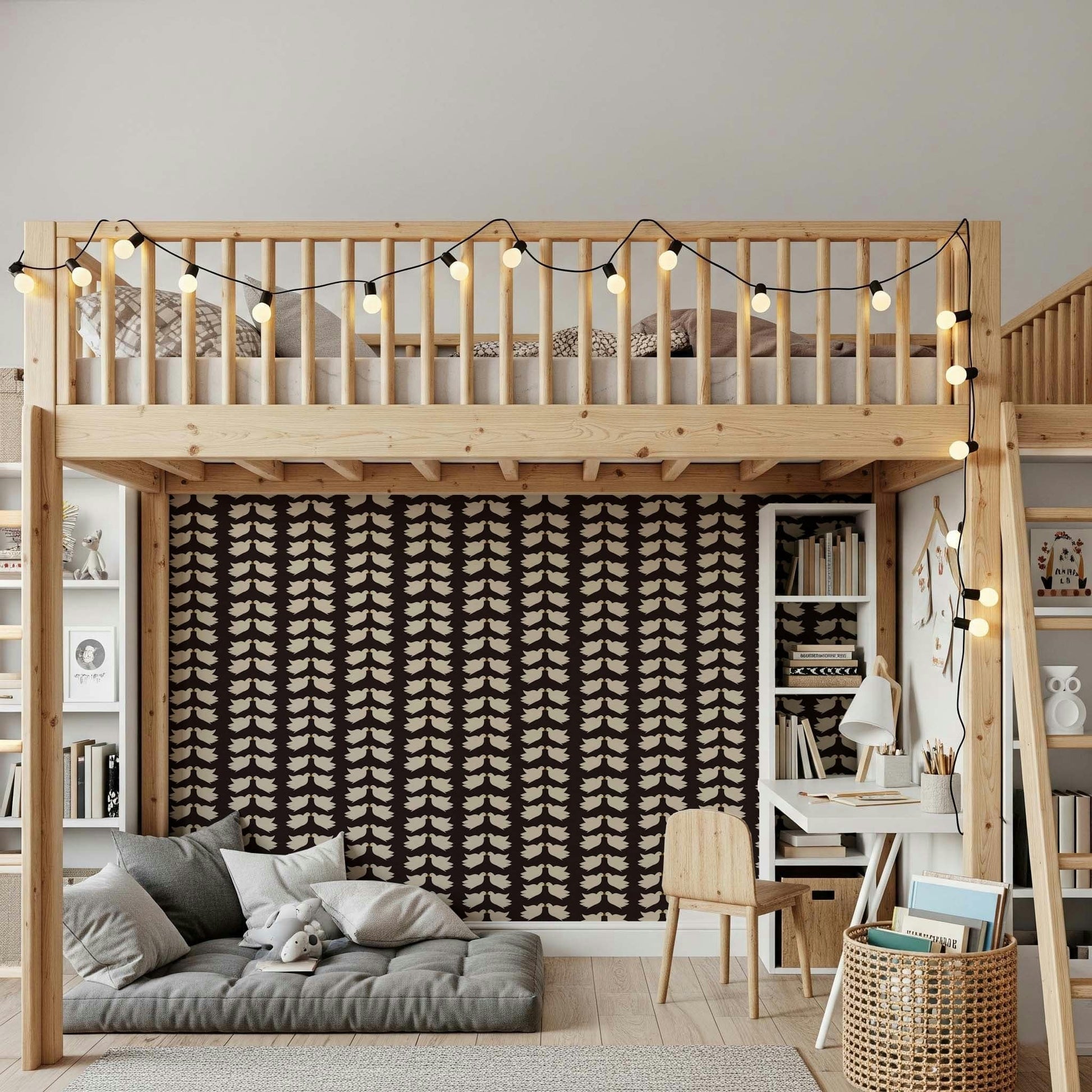 Exclusive off-white Doves wall mural, heartwarming bird coupling artwork.