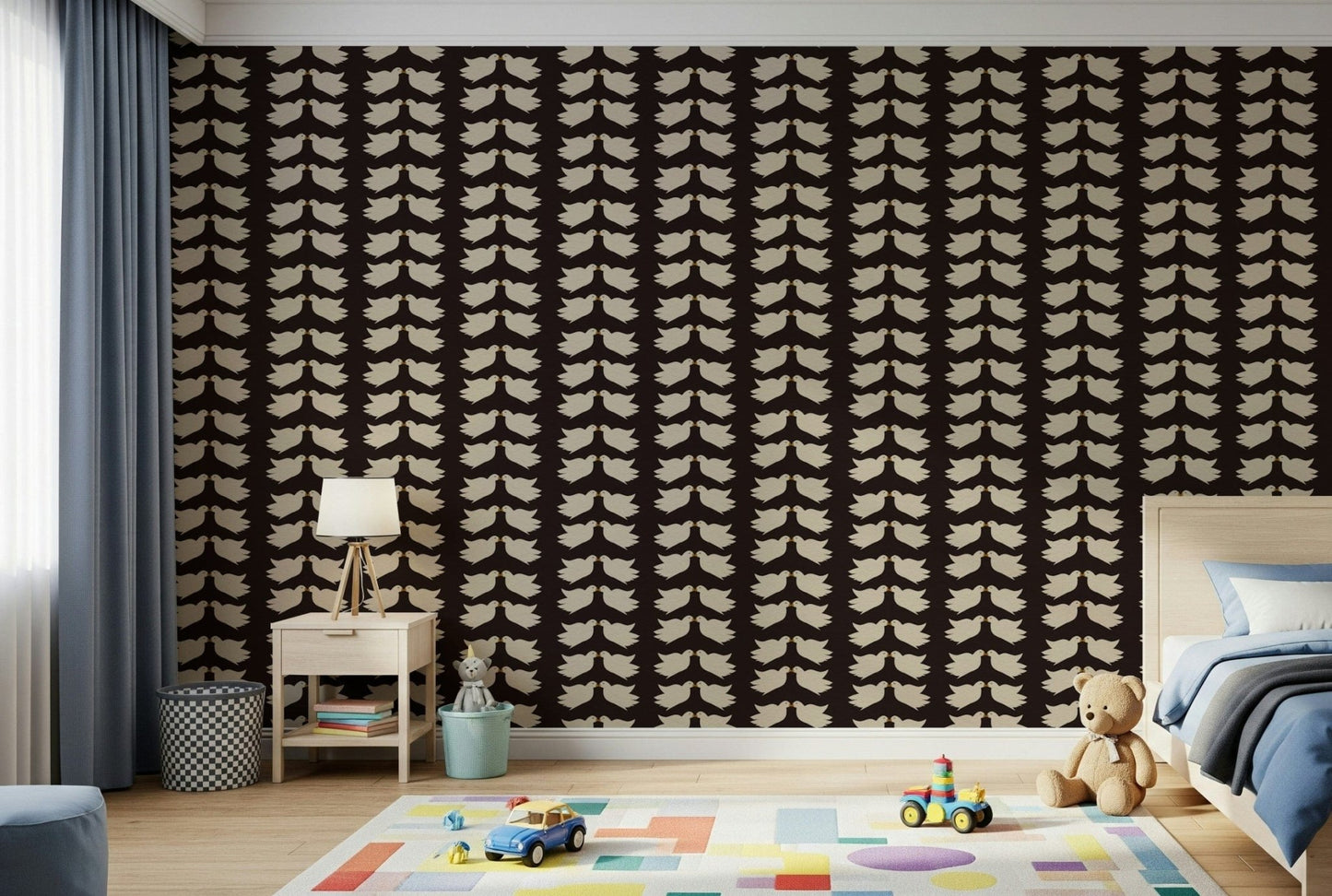 Artistic cream Kissing Doves pattern, sophisticated decorative wall covering.