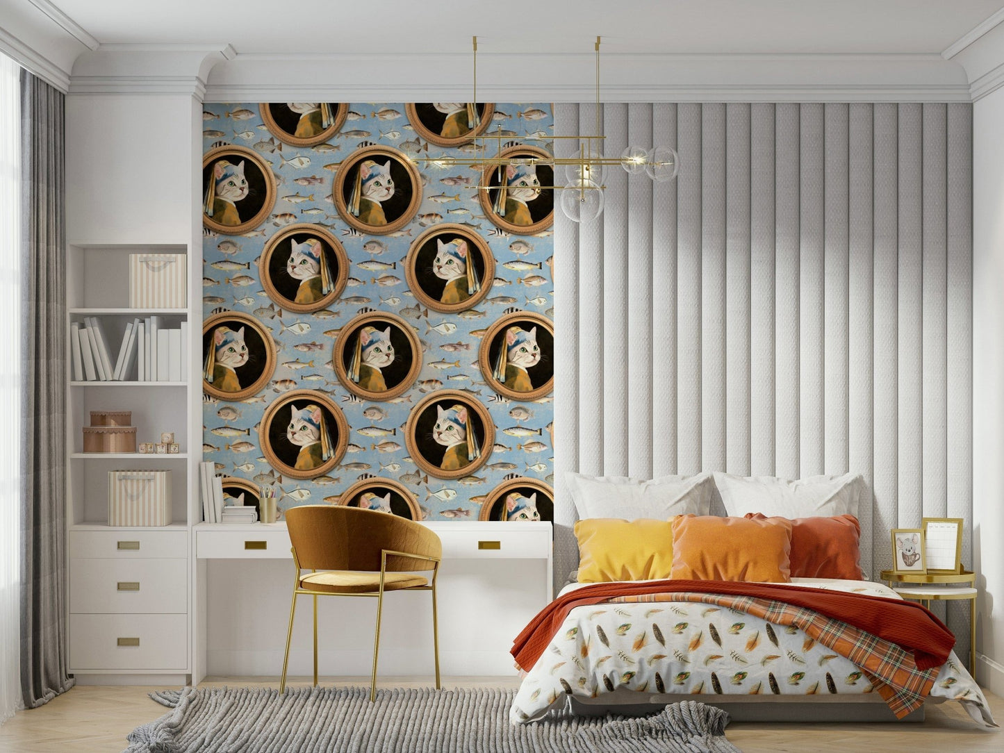 Reading corner with ocean mural wallpaper, modern chair and soft blue palette