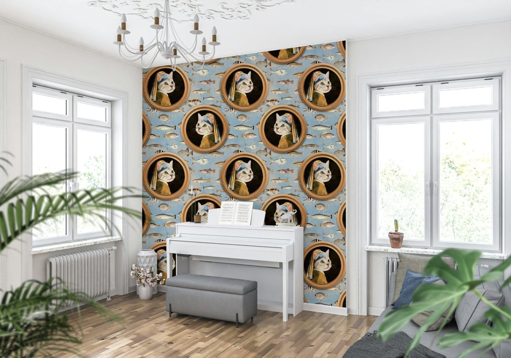 Apartment office accent wall with sea wallpaper, modern coastal style in blue