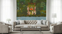 TV wall with Krishna's Garden Swing mural, calm garden scene and soft colour tones