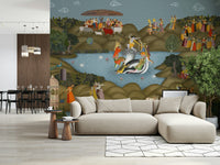 Wide view of Kaliya Mardan Saga wall mural covering an accent wall