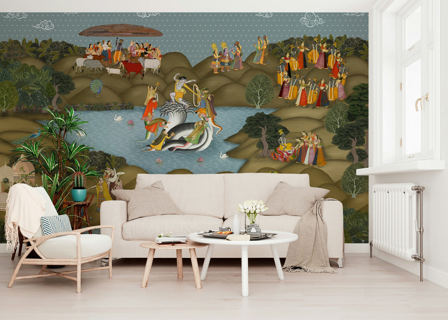 Kaliya Mardan Saga mural behind a console in an entryway setting