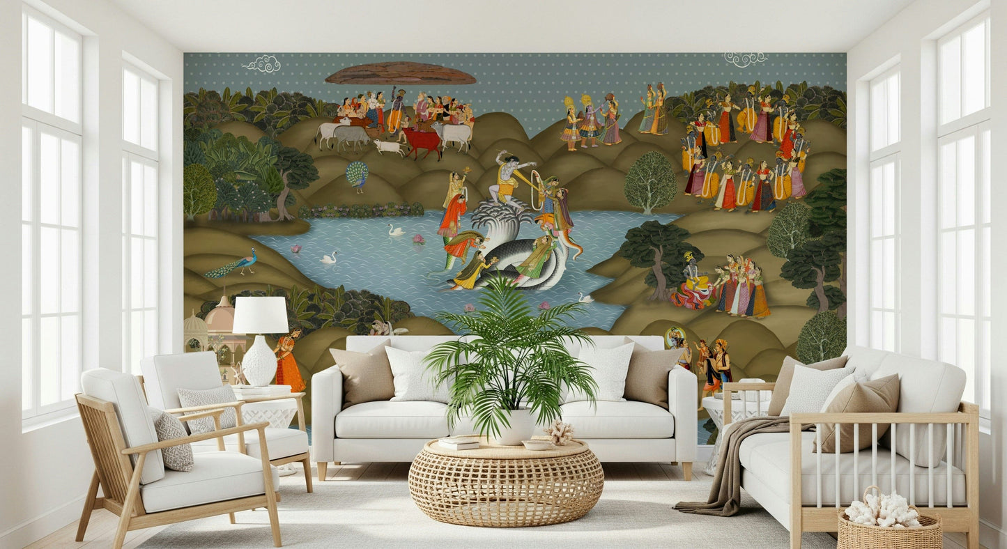 Close-up of Kaliya Mardan Saga wall mural showing Krishna figure details