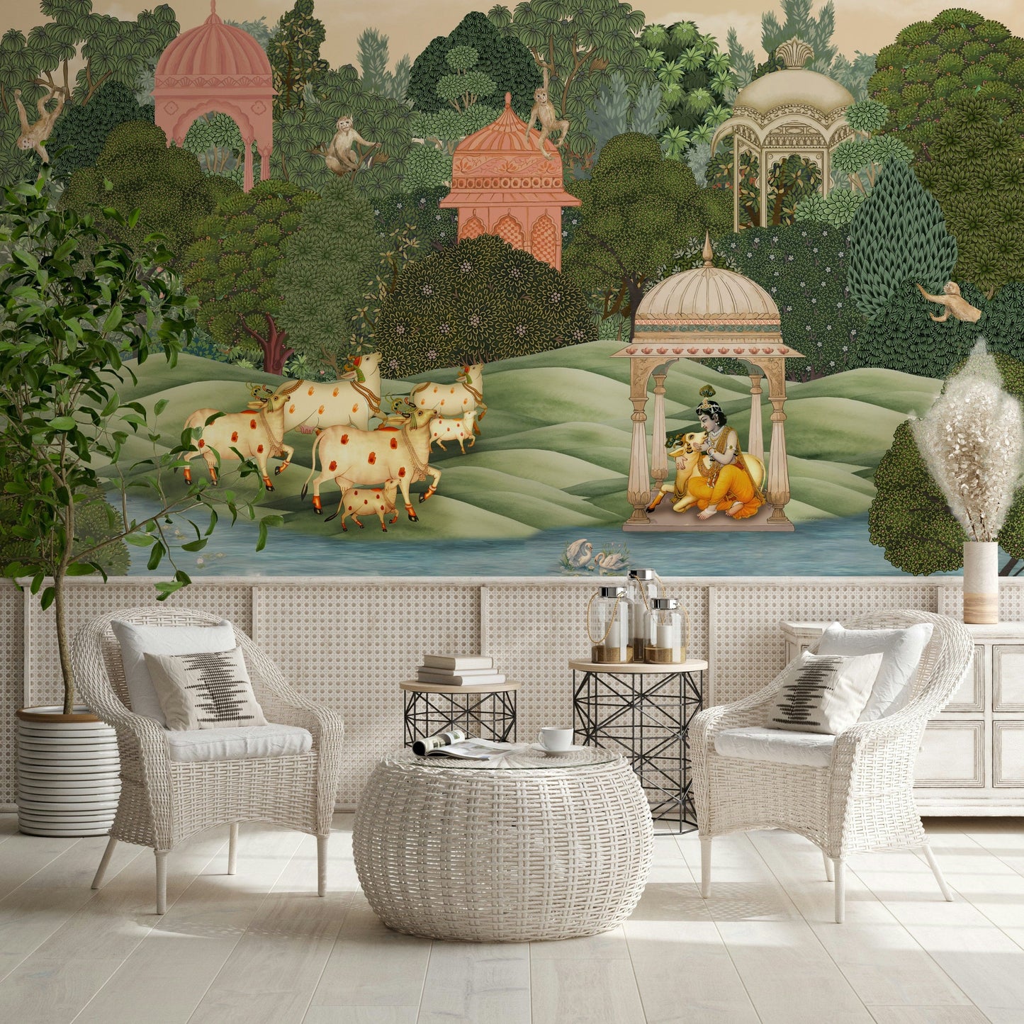 Close-up of Krishna’s Sanctuary mural showing floral and architectural elements