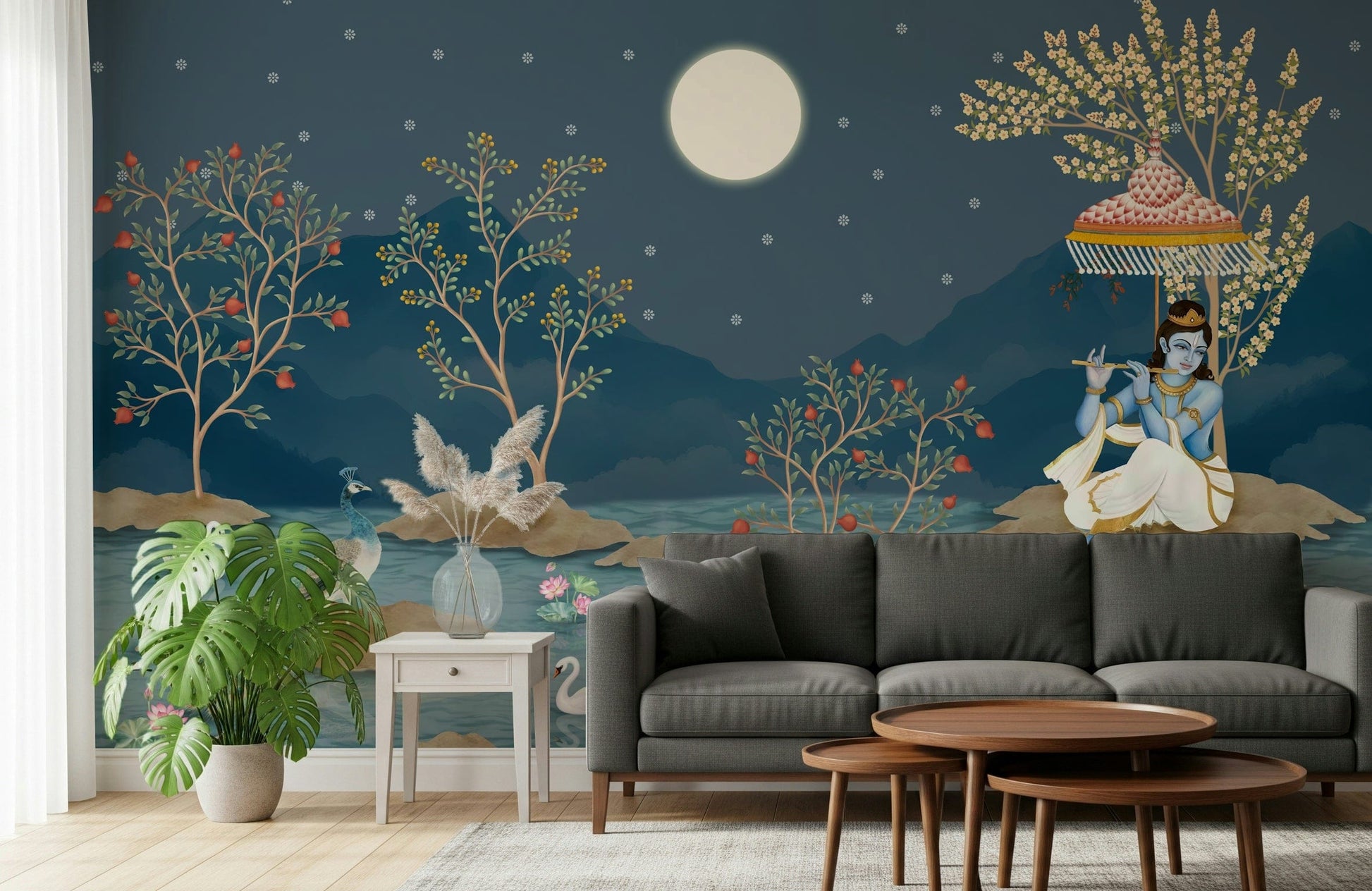 Bedroom feature wall with lunar mural, quiet night scene and clean lines