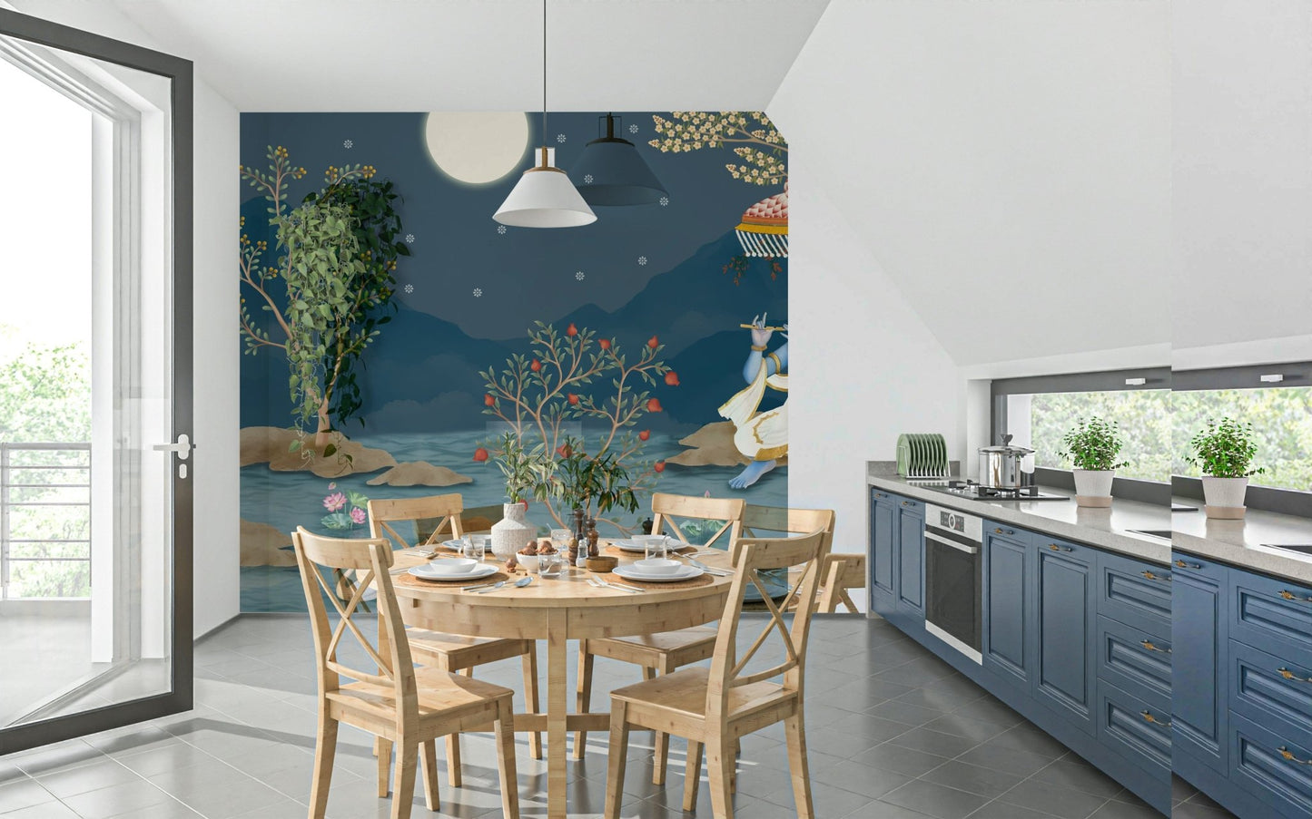 Dining room wall mural with serene moonlit sky, balanced colour and gentle detail