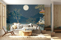 Home office wall with moonlight wallpaper, tidy backdrop for modern home styling