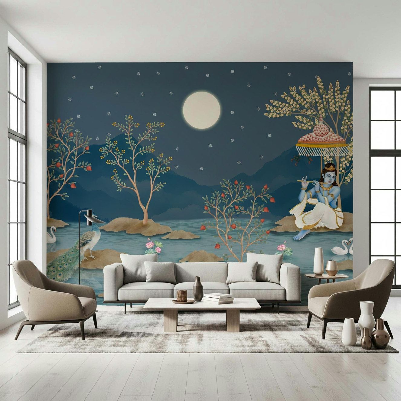 Krishna's Lunar Serenity Wall Mural in modern living space, moonlit home styling