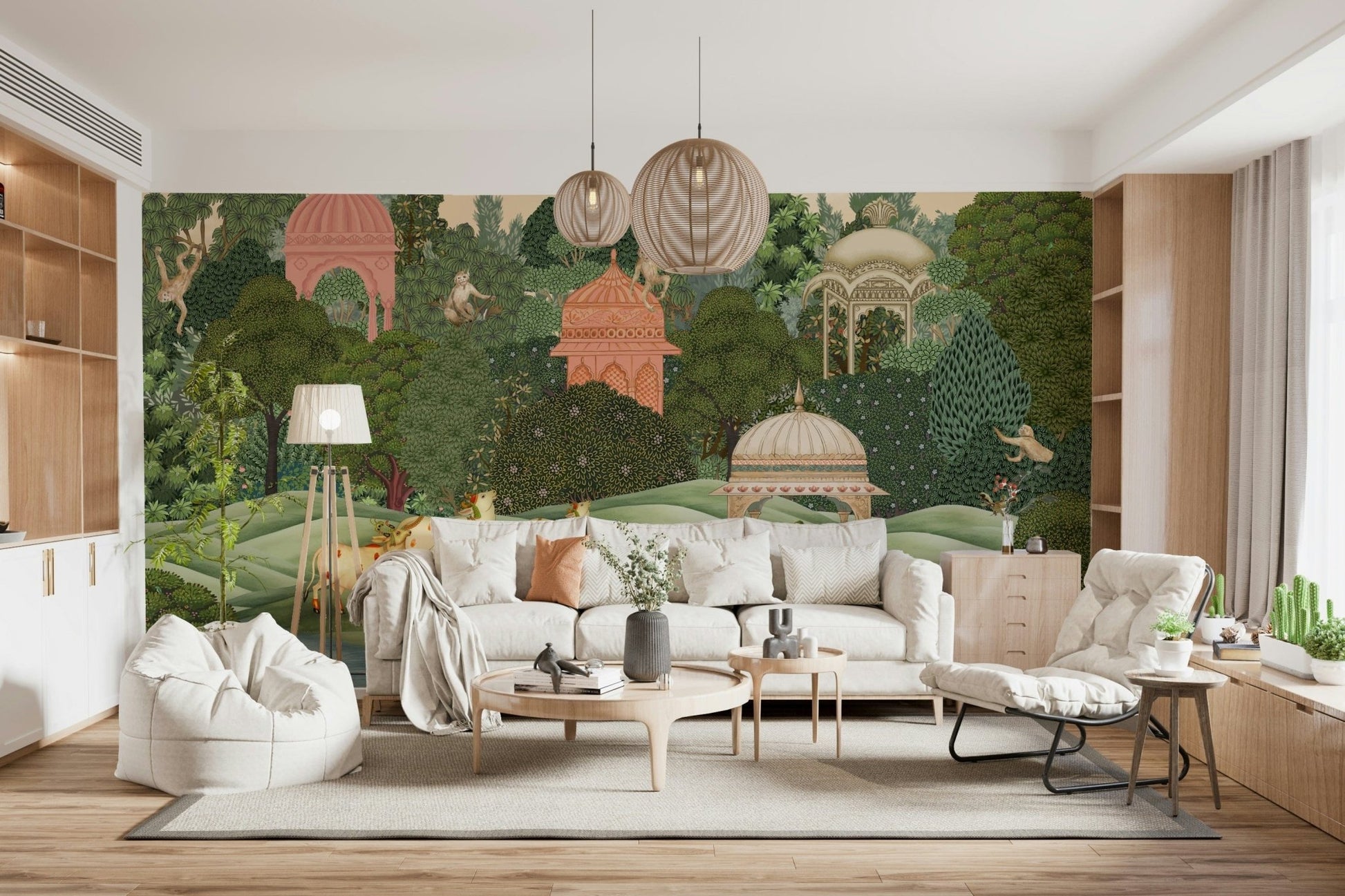 Krishna-inspired wall mural with calm landscape and gentle details