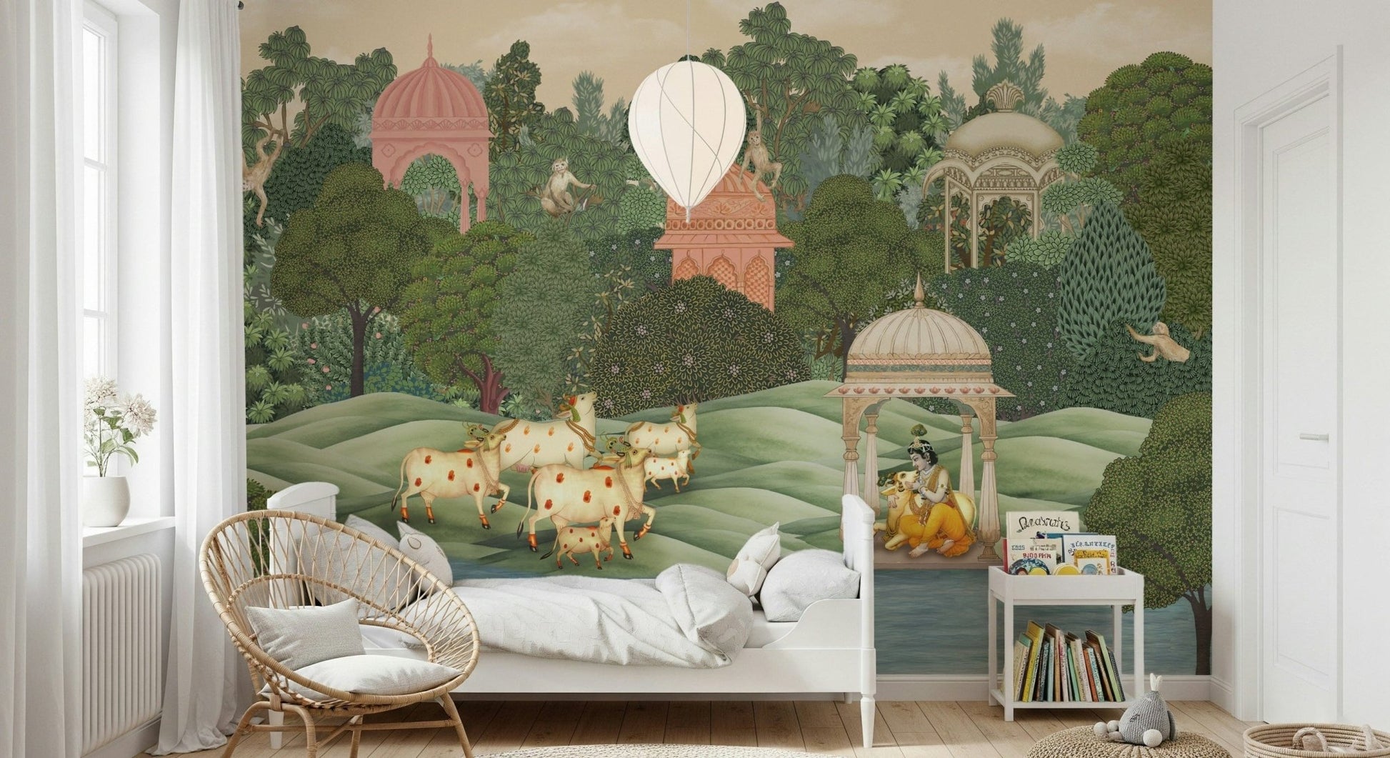 Krishna’s Sanctuary mural with soft colors on a feature wall