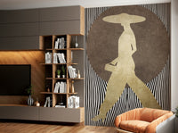 The color palette is predominantly dark, often with rich black, deep grays, or jewel tones.
