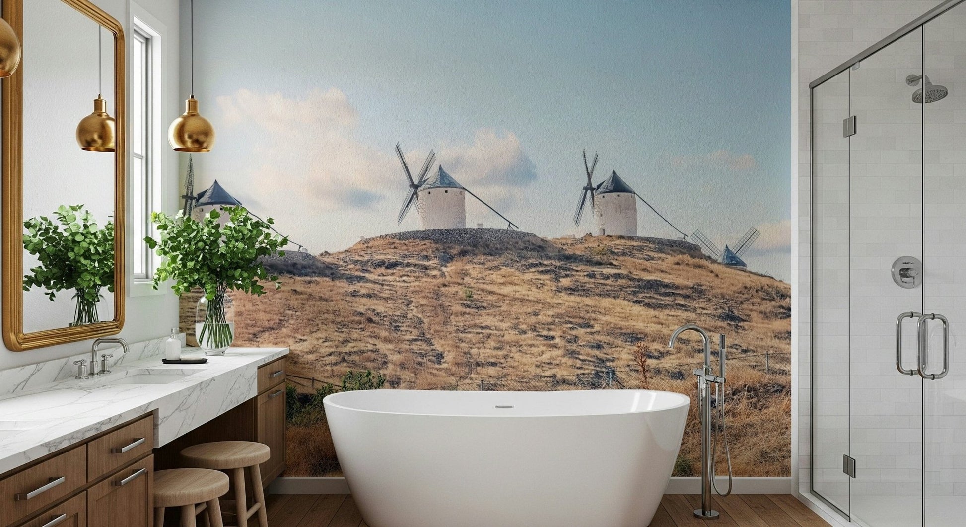 Dry golden field La Mancha Windmills wallpaper mural sunny scene.