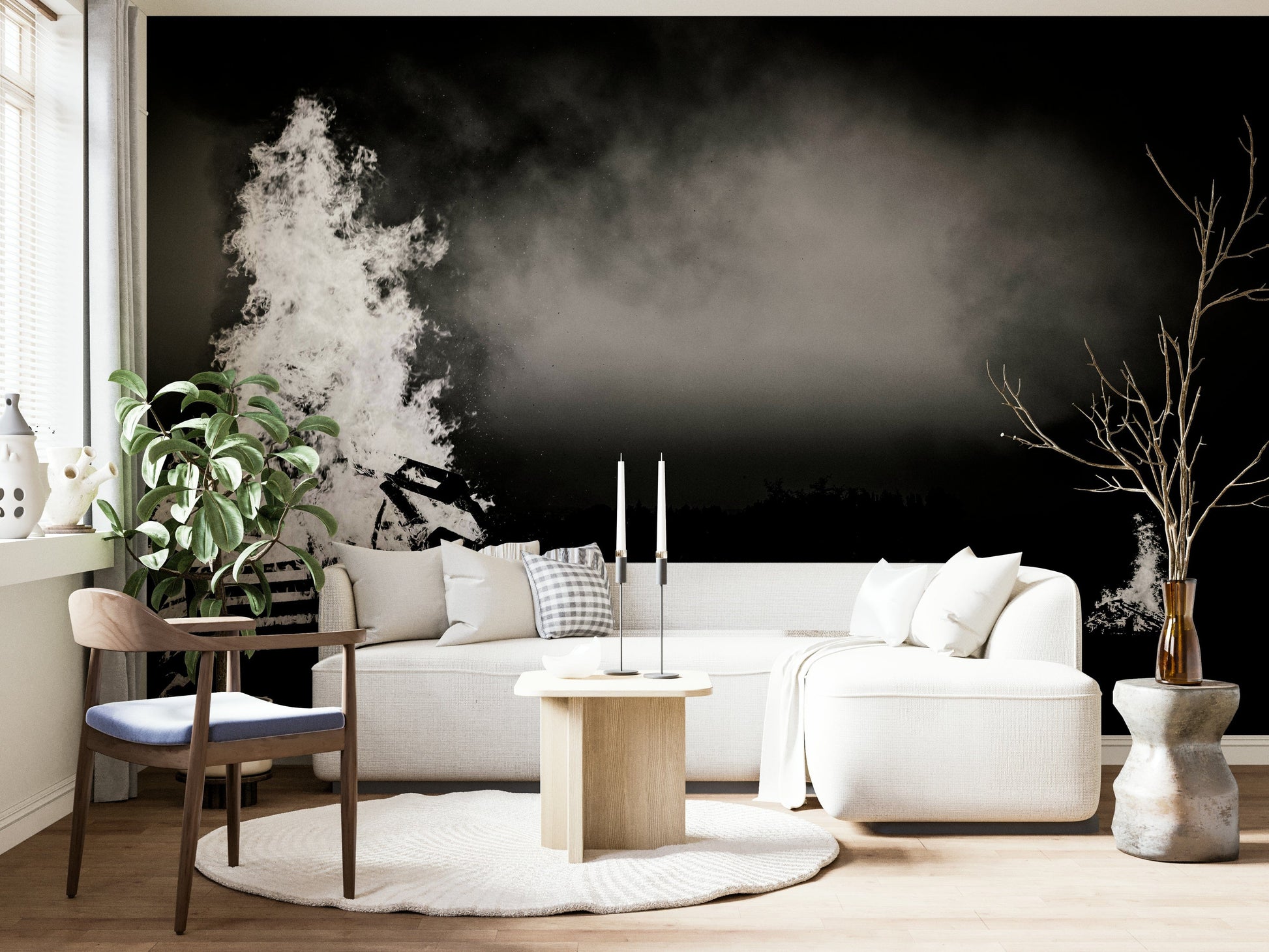 A beautiful night fire wall mural for a living room.

