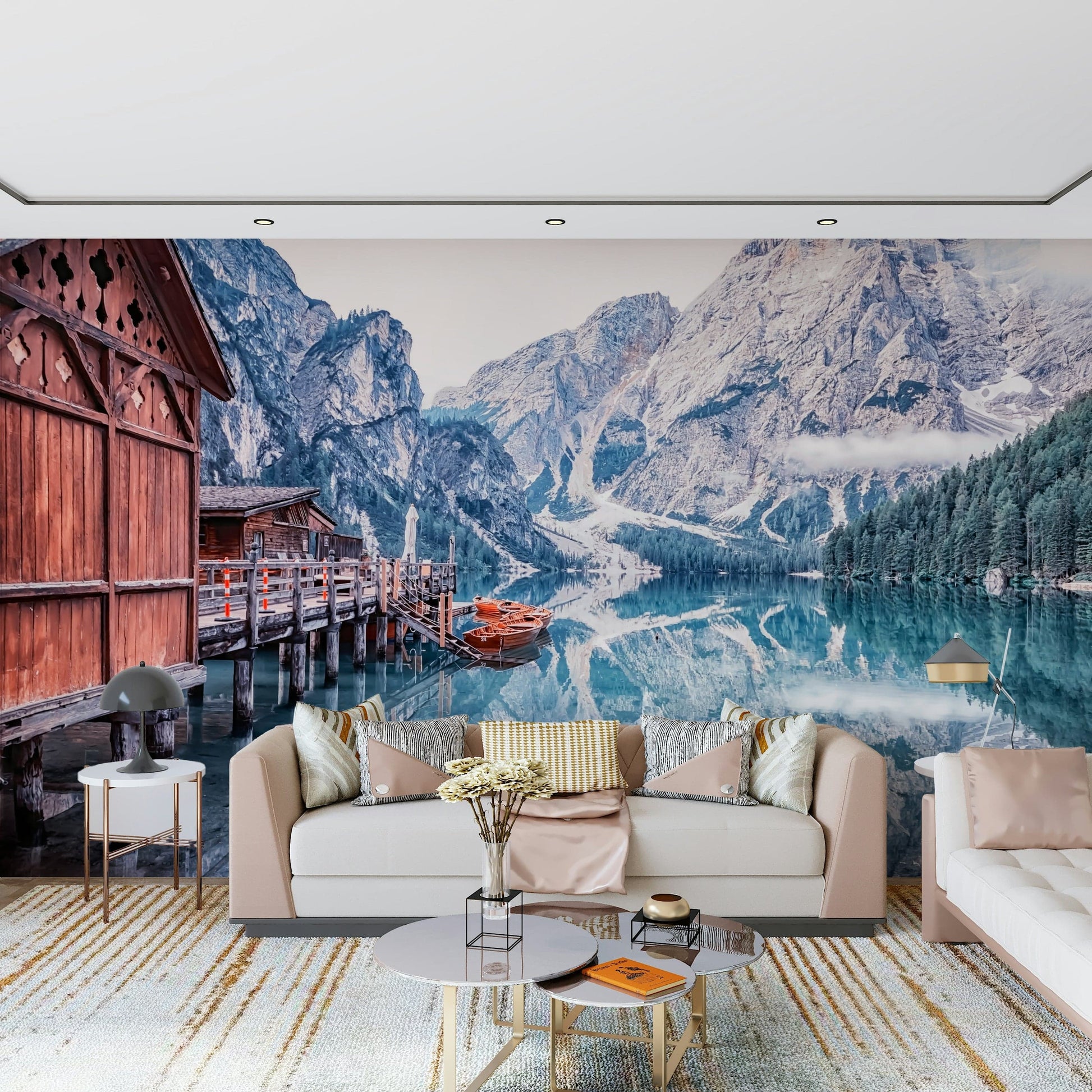 Rustic wooden cabin Lago di Braies Reflection wall mural