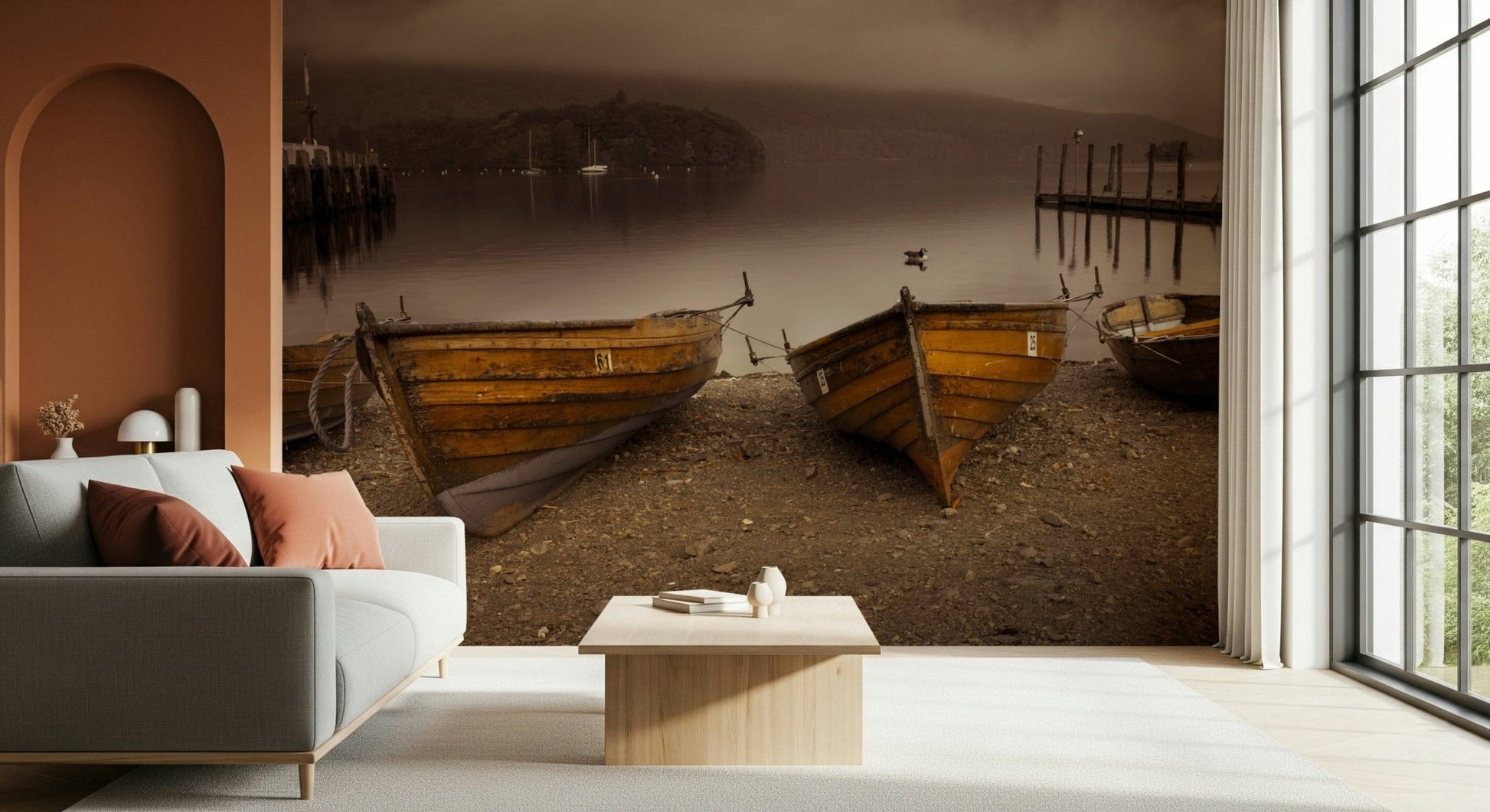 Calming wallpaper capturing still waters, wooden boats, and soft sepia lighting.