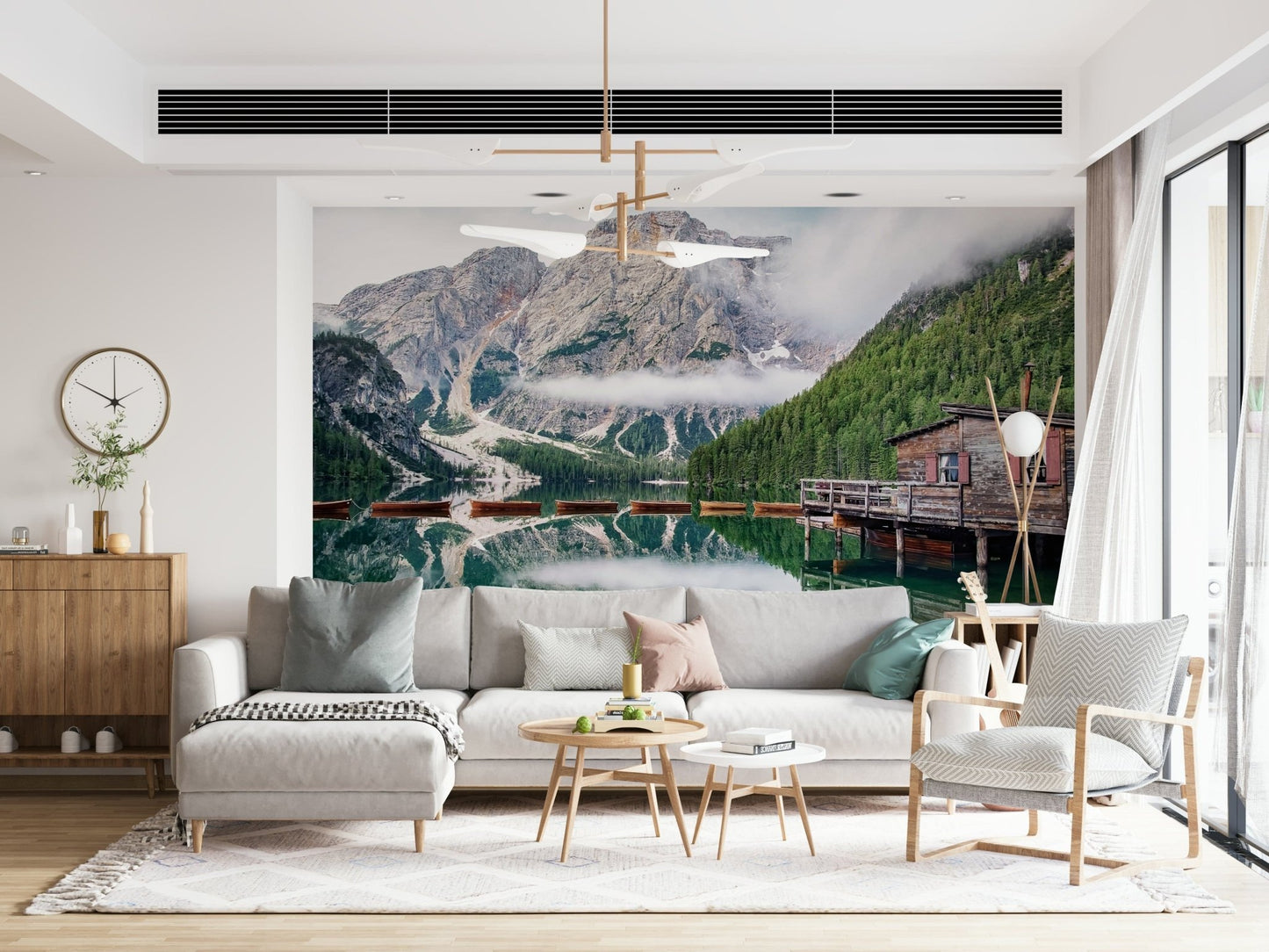 Wooden boats, Lake Braies Calm wallpaper, scenic Italian Alps.