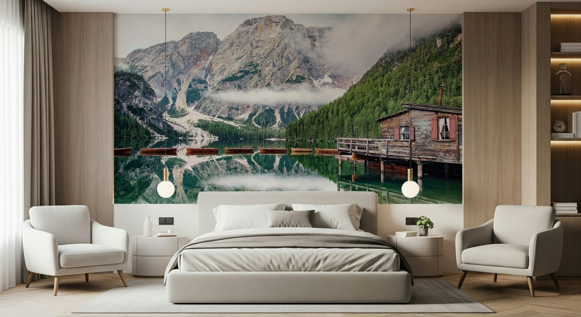 Cabin on dock, Lake Braies Calm wall mural, quiet reflection.