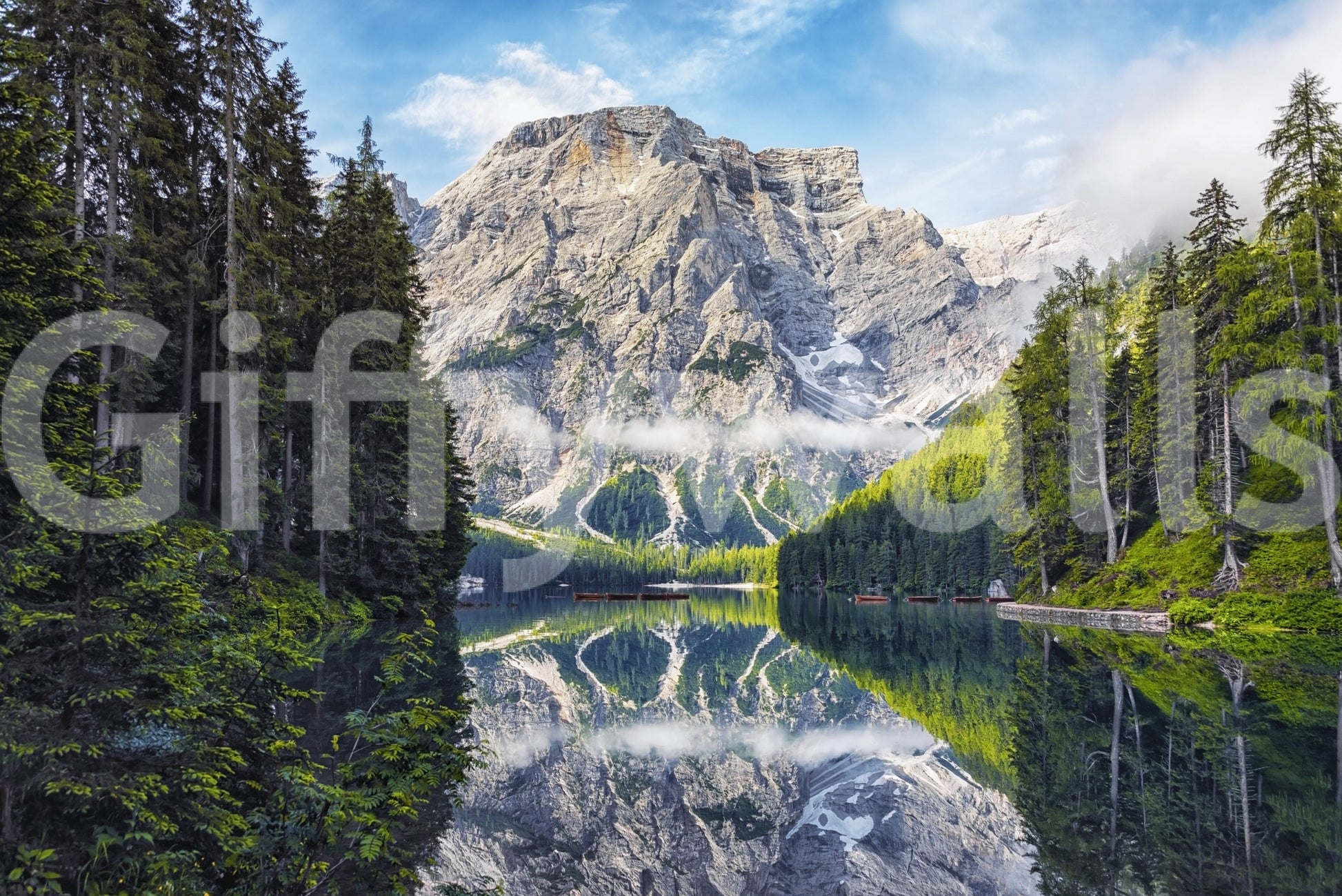 Lake Braies Majesty wallpaper mural outdoor adventure theme.