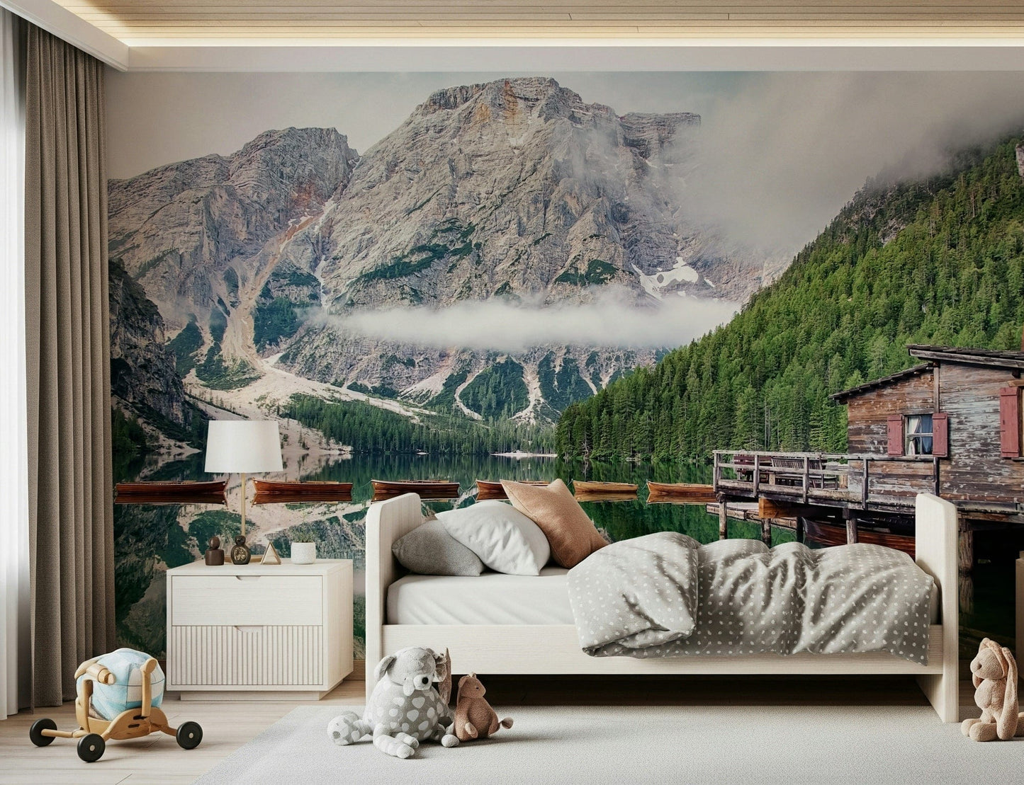 Bedroom wallpaper, Lake Braies Calm, majestic scenery.