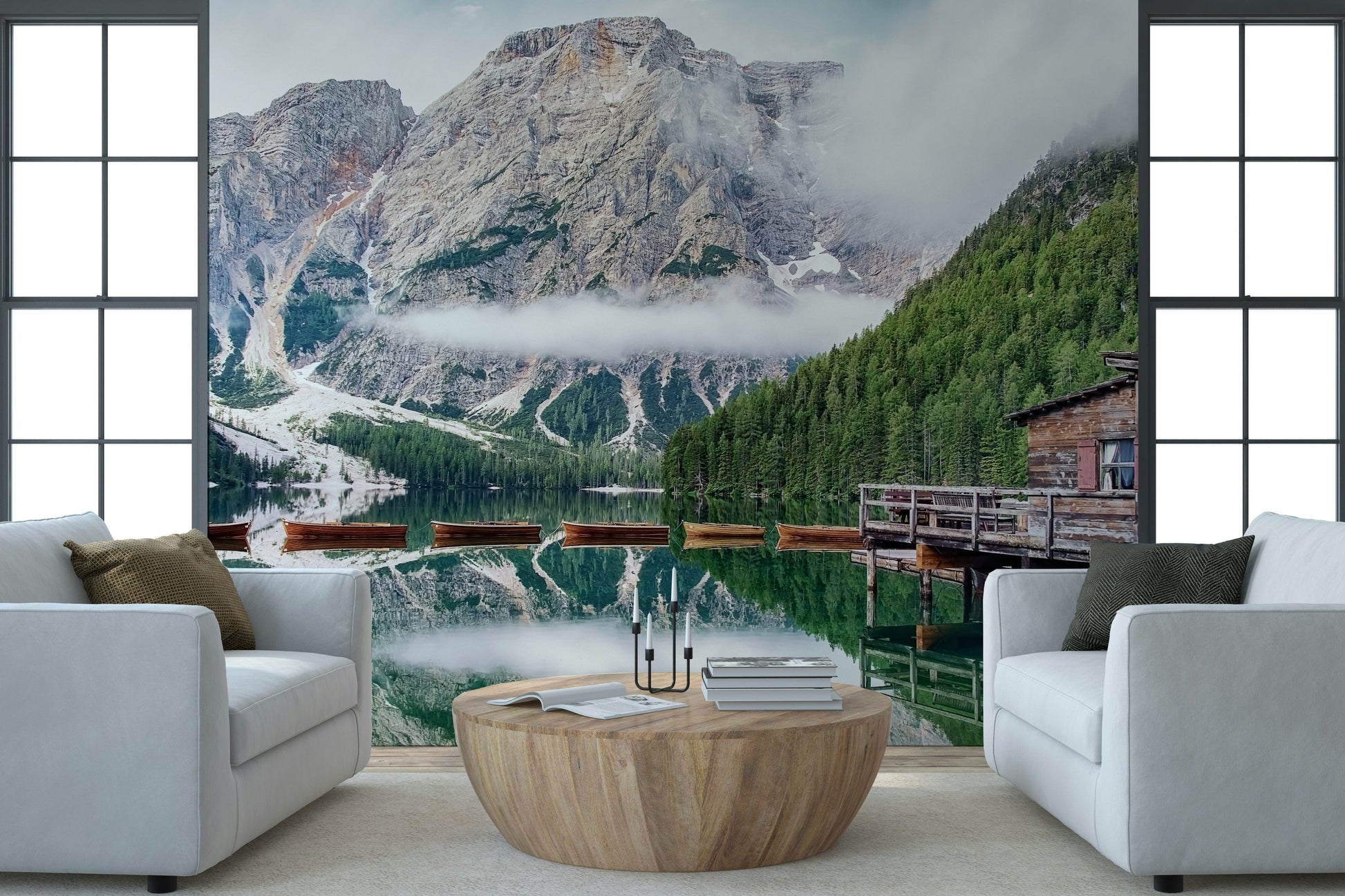 Mirror image water, Lake Braies Calm mural, tranquil design.