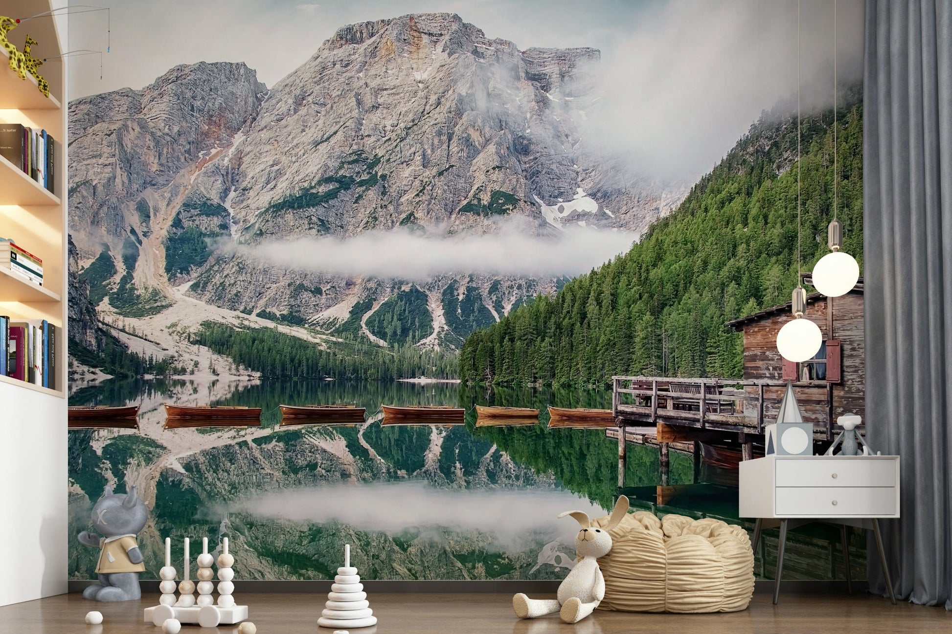 Misty peaks, Lake Braies Calm, rustic cabin wall covering.