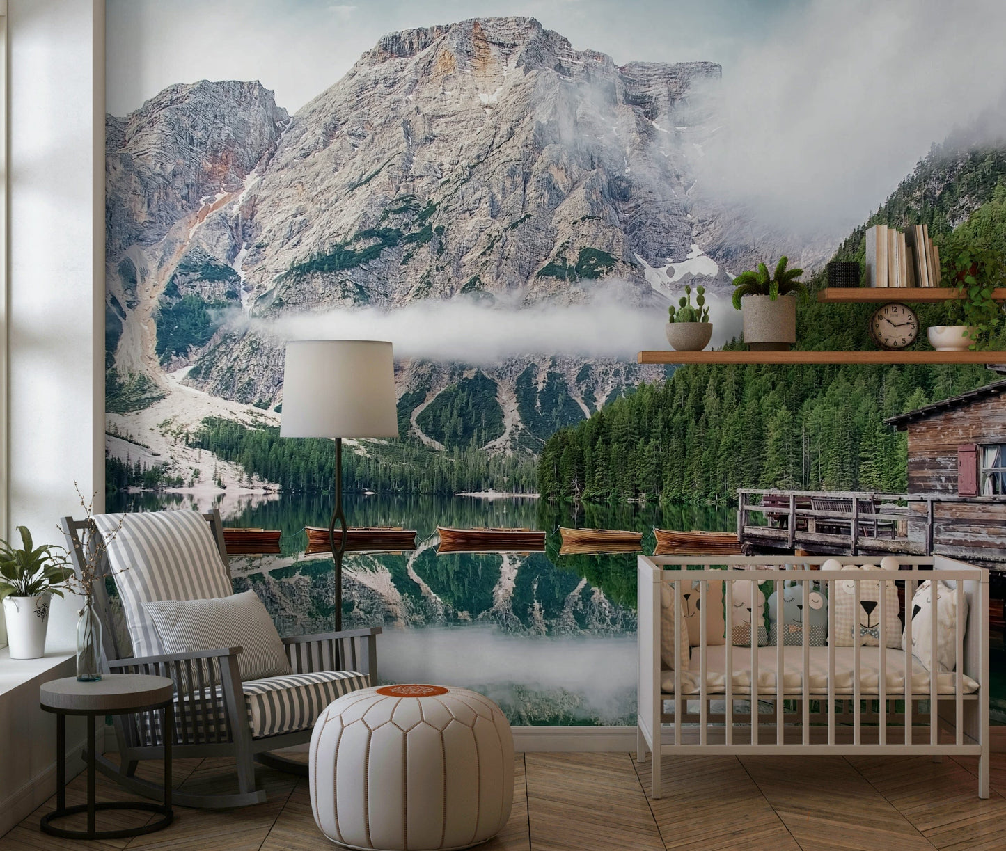 Lake Braies Calm wall mural, stunning mountain lake scene.