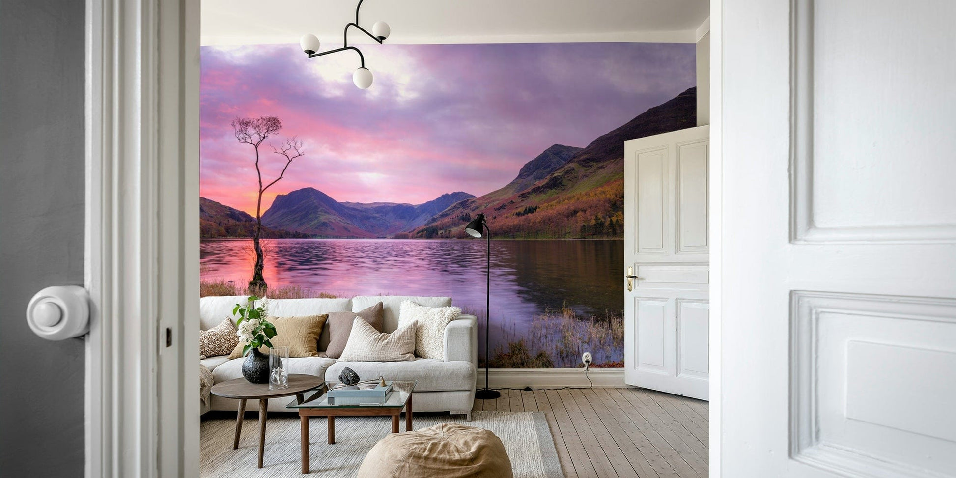 An artistic nature escape mural for home decor.

